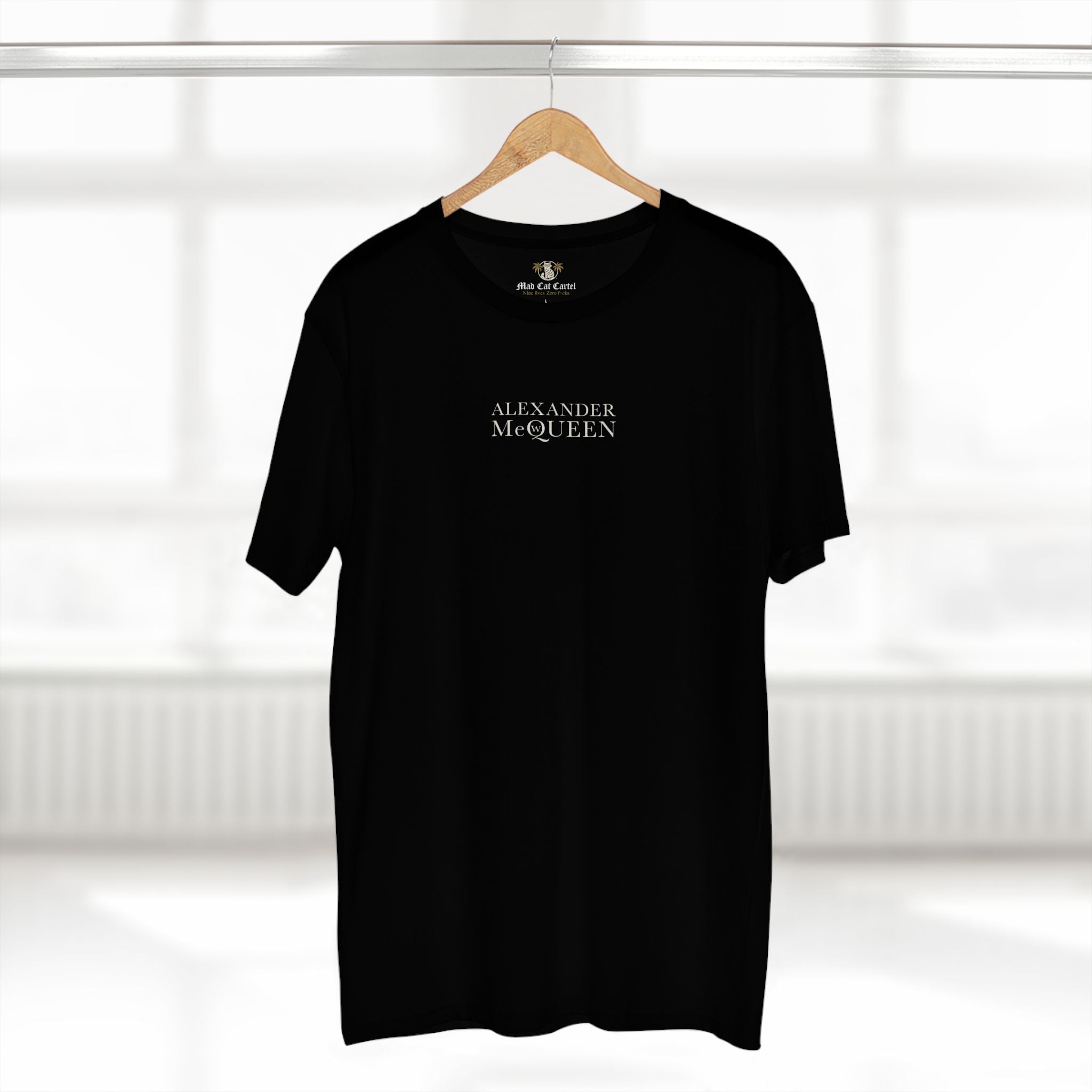 Alexander MewQueen Cyber Cat Parody T-Shirt in black, on a hanger