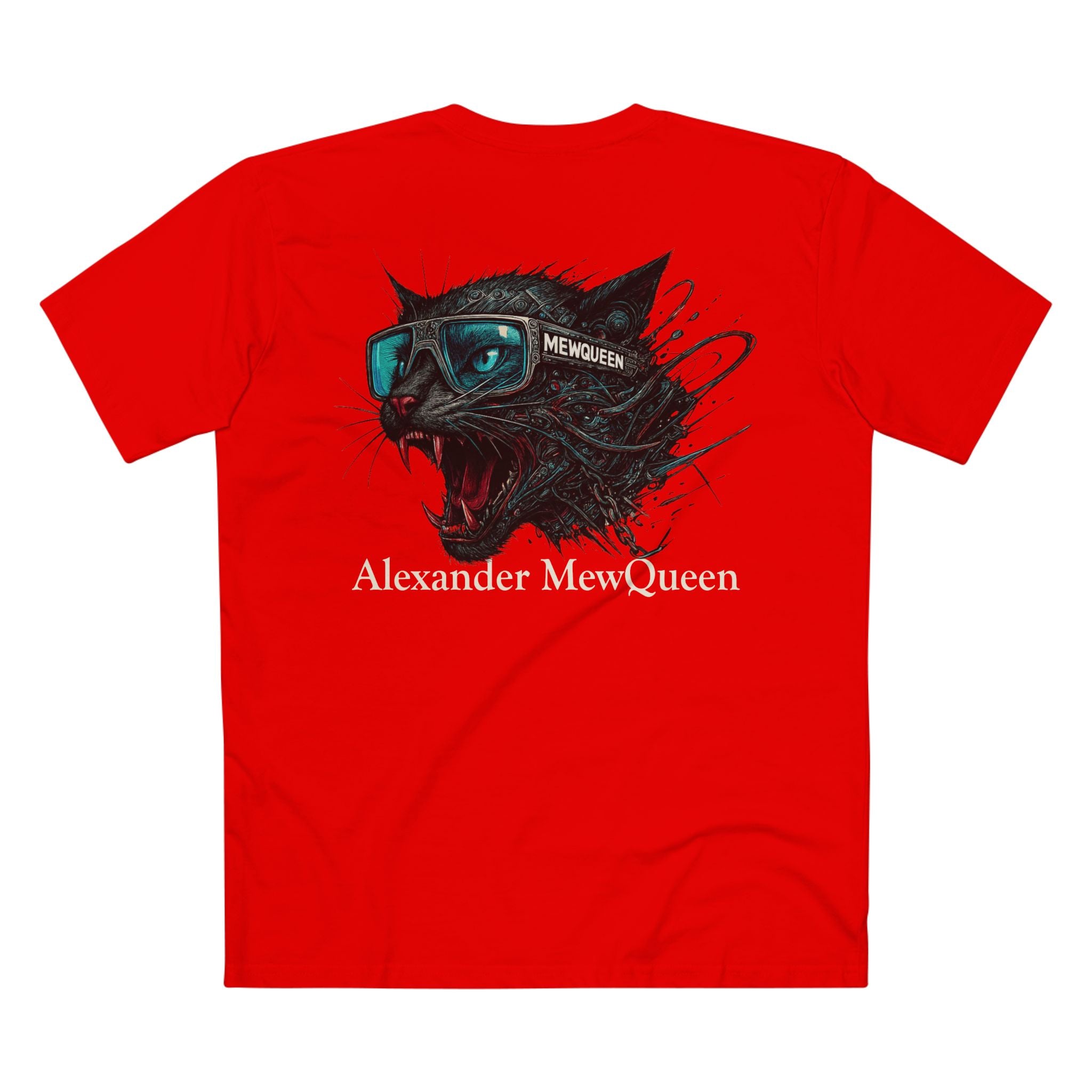 back view of red Alexander MewQueen t shirt, cyber cat design, parody cotton tee for cat lovers