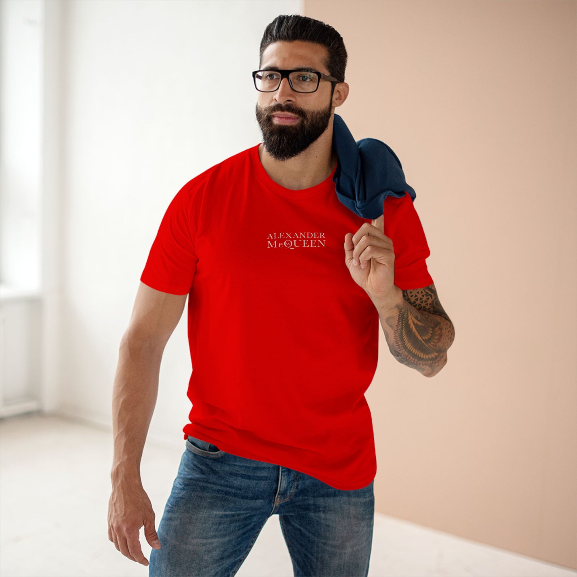 male model wearing red Alexander MewQueen parody t shirt, casual cotton cat lover tee
