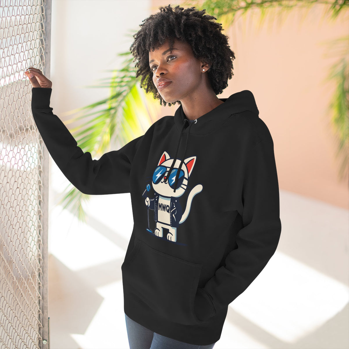 Alexander MewQueen Rockstar Cat Graphic Black Hoodie, worn by a female model