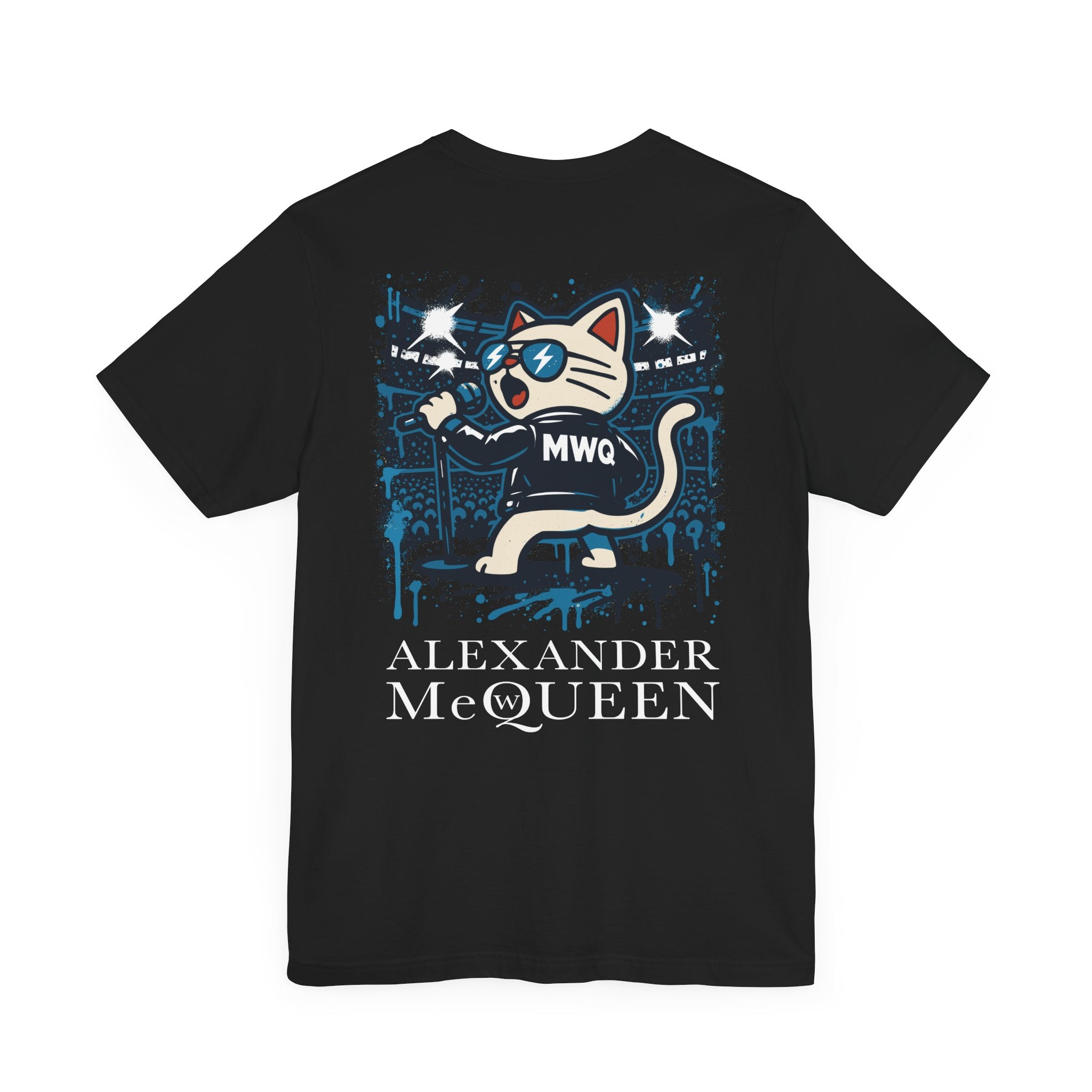 back view of black Alexander MewQueen t shirt, rockstar cat graphic, parody shirt for cat lovers