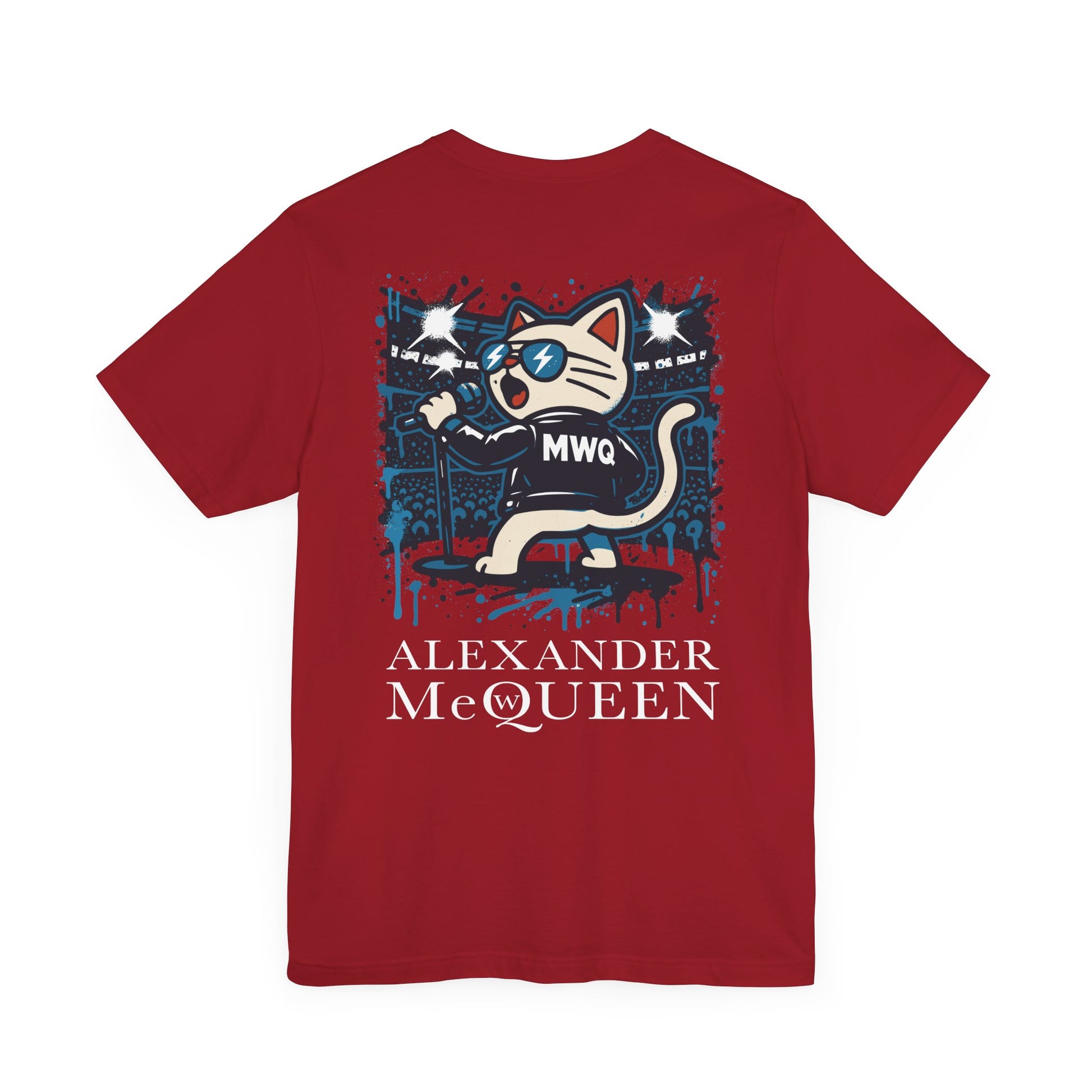 back view of Alexander MewQueen rockstar cat graphic t shirt in red, designer tee for cat lovers