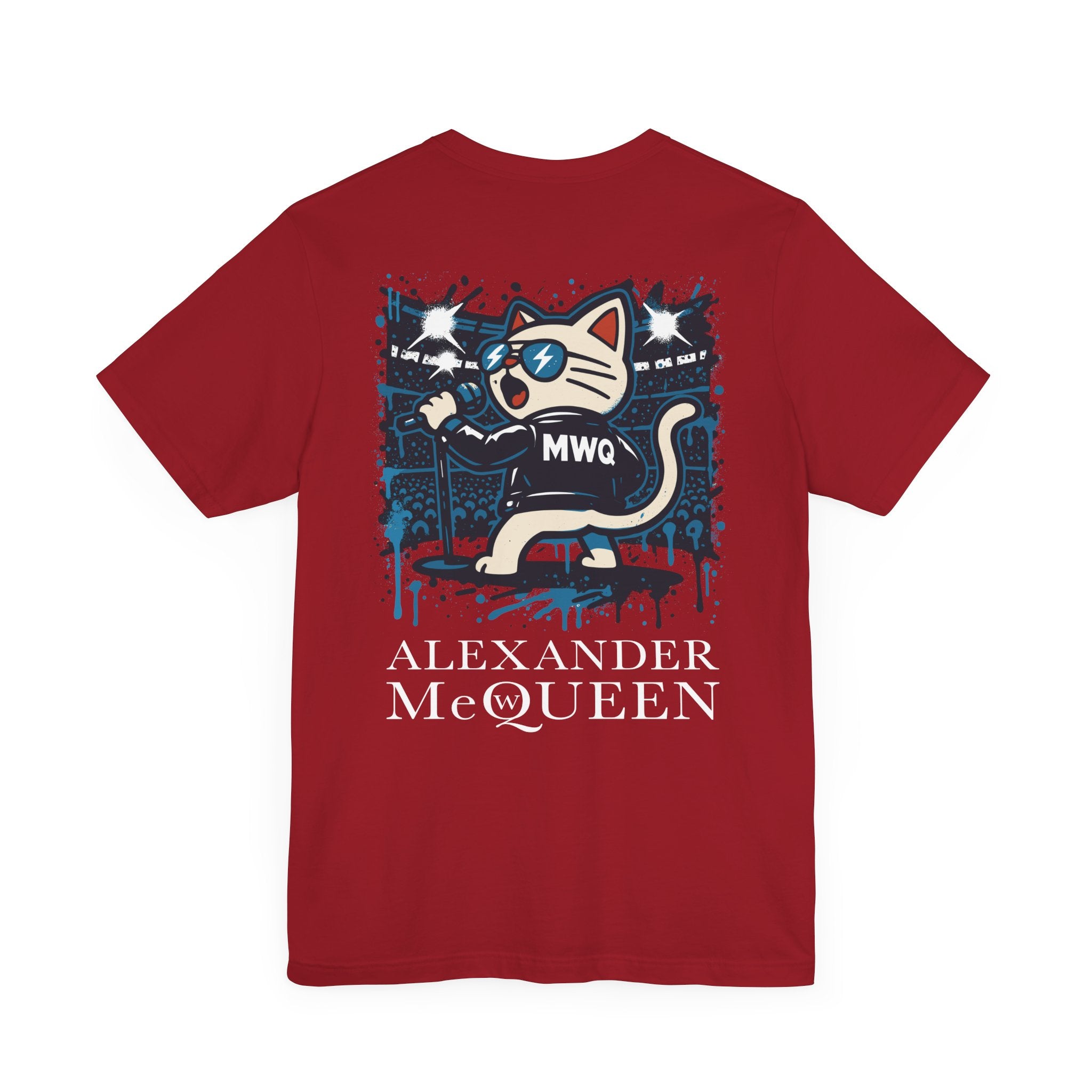 back view of Alexander MewQueen rockstar cat graphic t shirt in red, designer tee for cat lovers