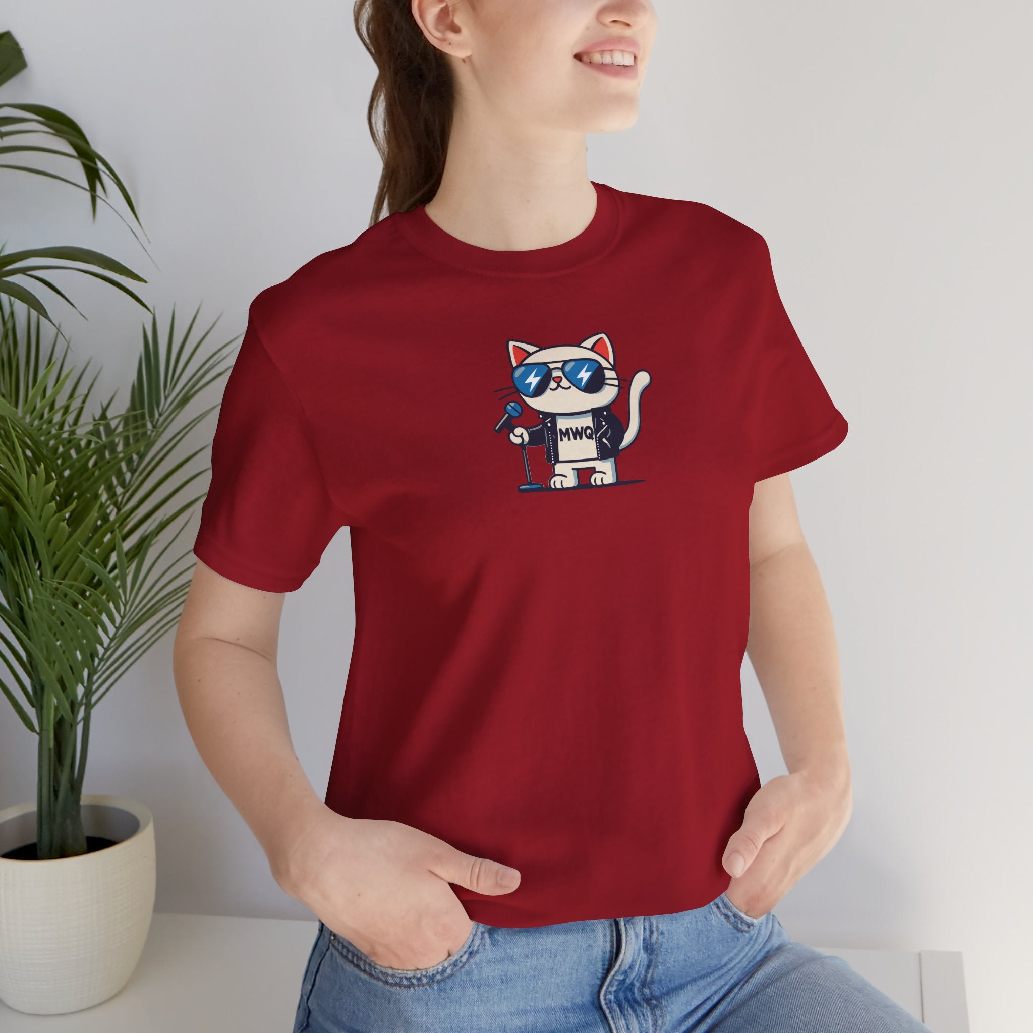 female model wearing canvas red Alexander MewQueen t shirt, casual cotton tee, funny t shirt for women