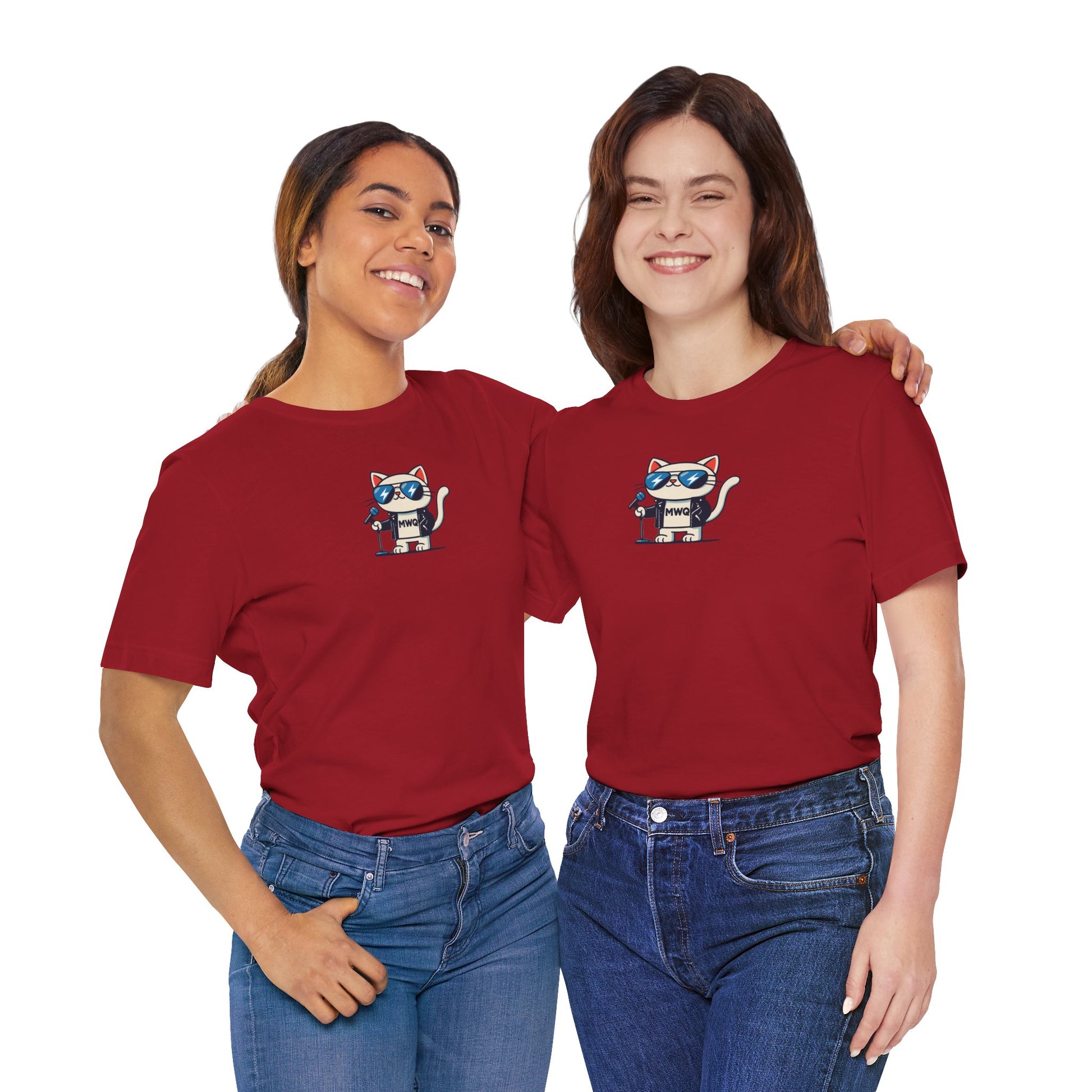 two women wearing canvas red Alexander MewQueen t shirts, cat themed cotton parody tees