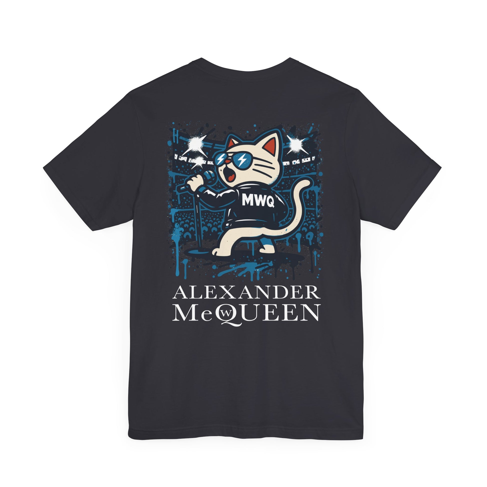 dark gray Alexander MewQueen t shirt on hanger, straight back view, funny t shirt for cat lovers