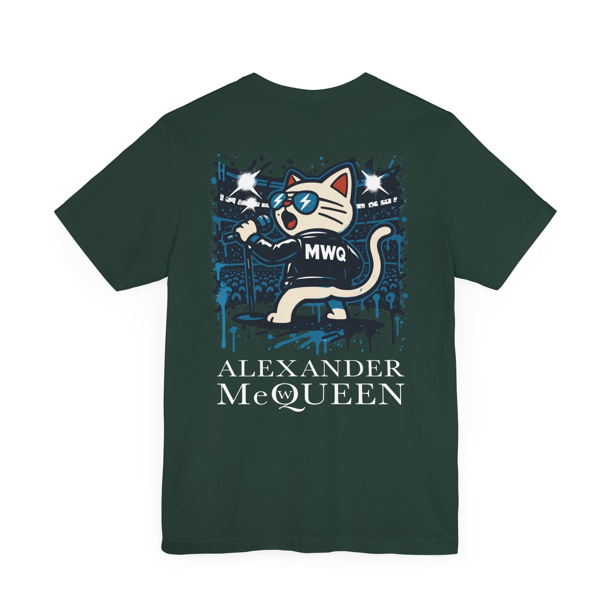 back view of green Alexander MewQueen t shirt, rockstar cat design, parody cotton tee