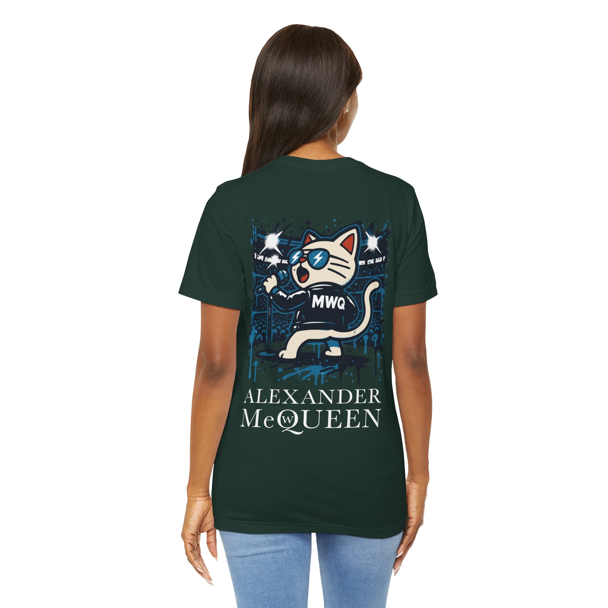 Alexander MewQueen Rockstar Cat Graphic Designer Parody Tee in forest, back view on a female model