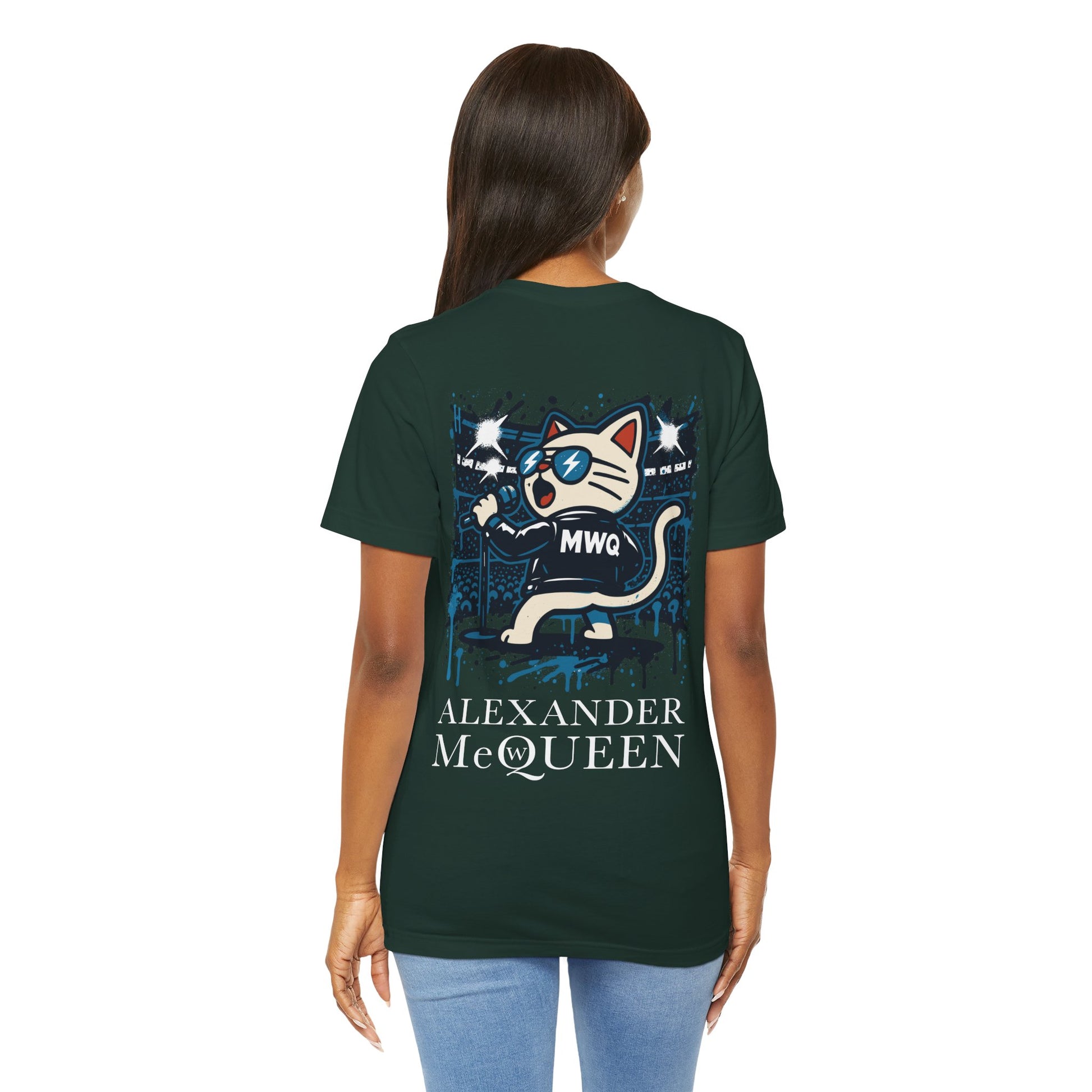 forest green Alexander MewQueen parody tee, front female model view, funny t shirt for cat lovers