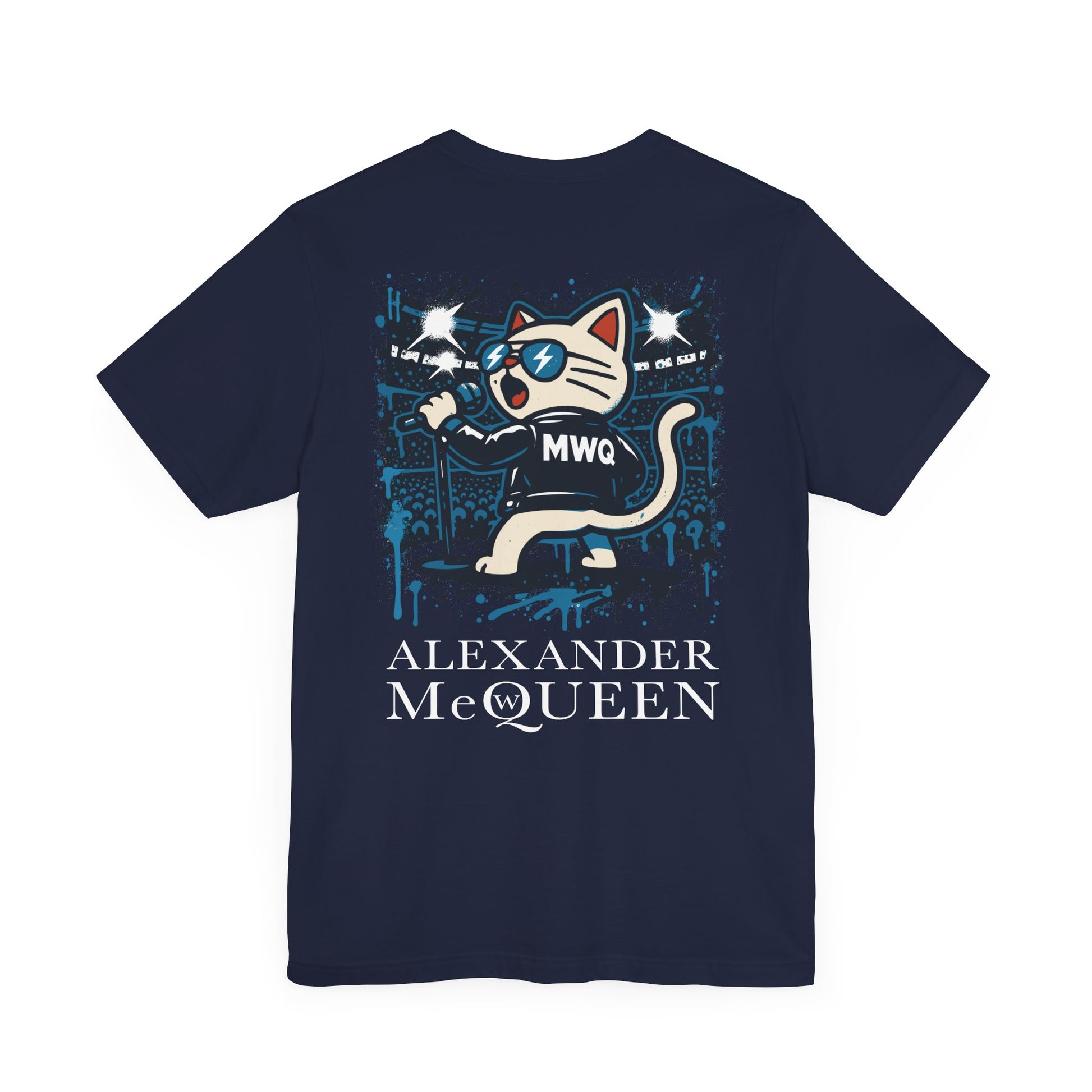 back view of navy Alexander MewQueen t shirt, rockstar cat print, parody cotton tee for cat lovers