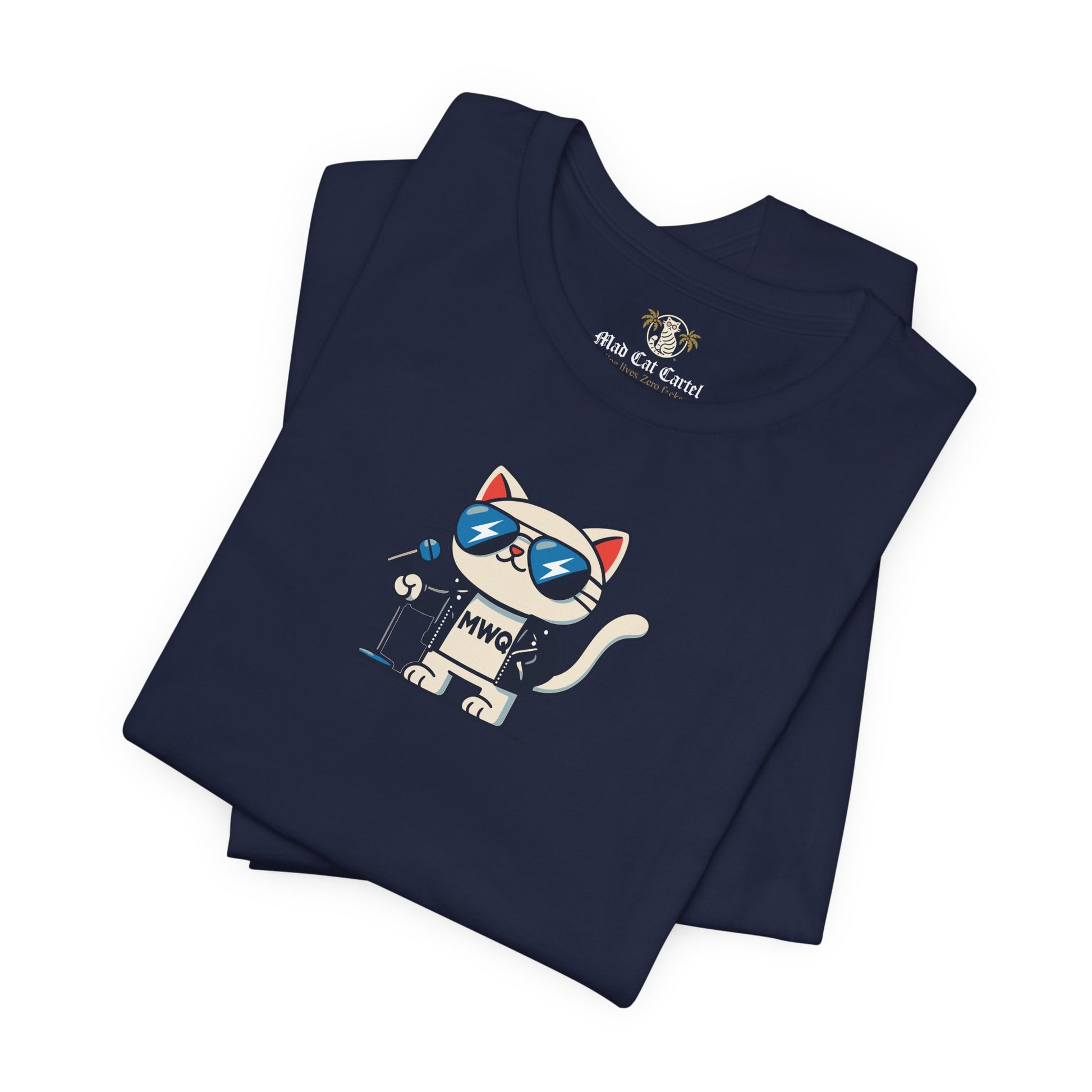 folded navy Alexander MewQueen t shirts, close up of cat graphic, cotton parody tee for cat lovers