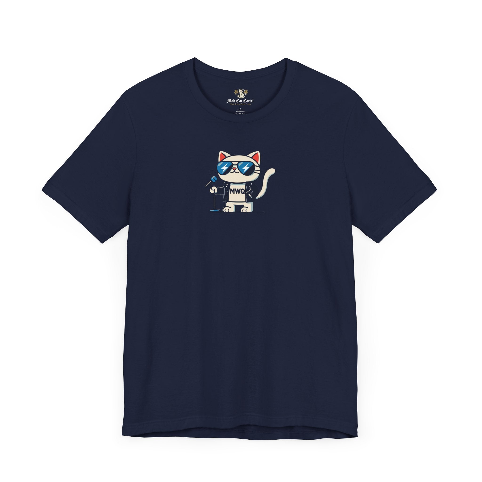front view of navy Alexander MewQueen rockstar cat parody t shirt, unisex cotton tee for cat lovers