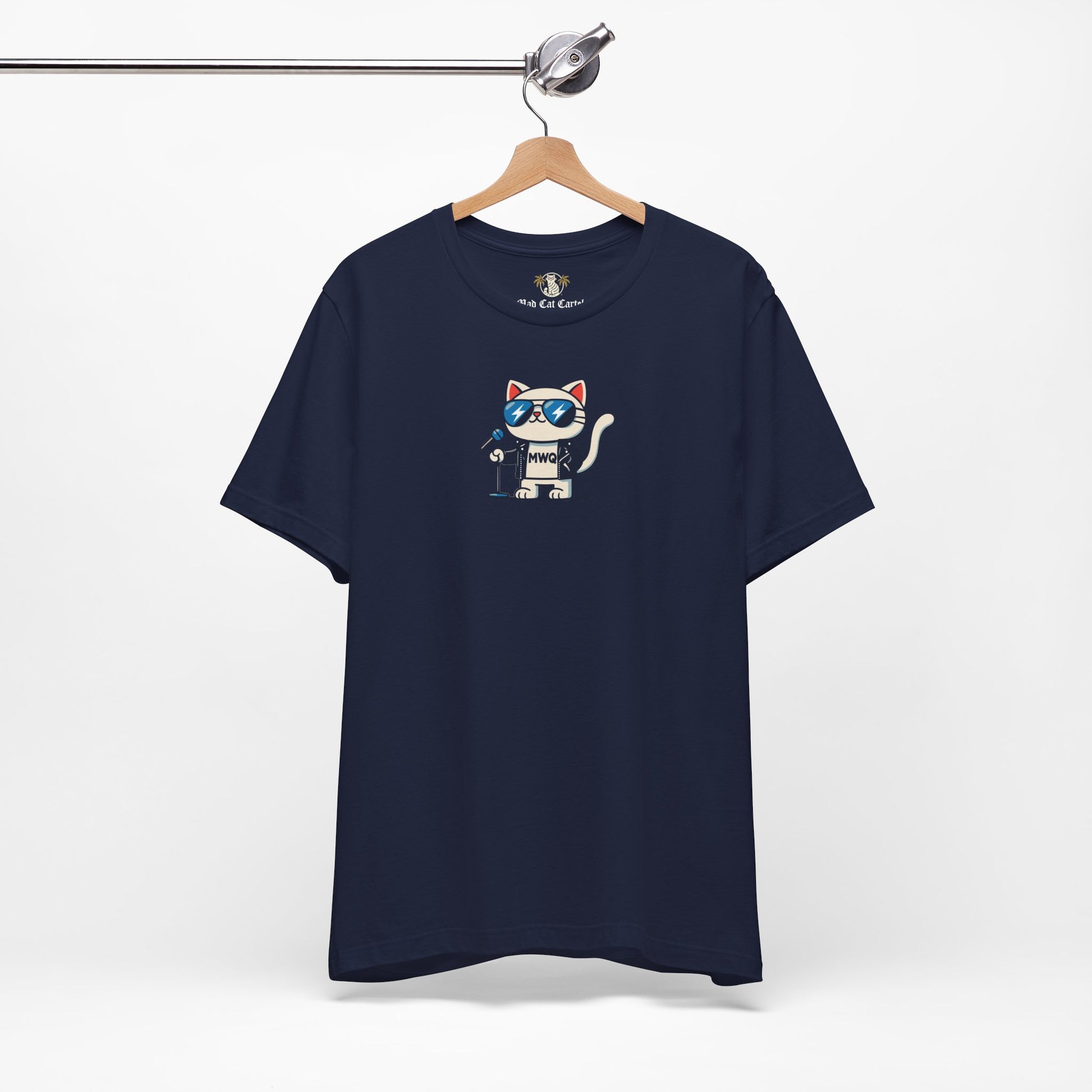 navy blue Alexander MewQueen t shirt on hanger, front angle, funny cotton cat graphic tee