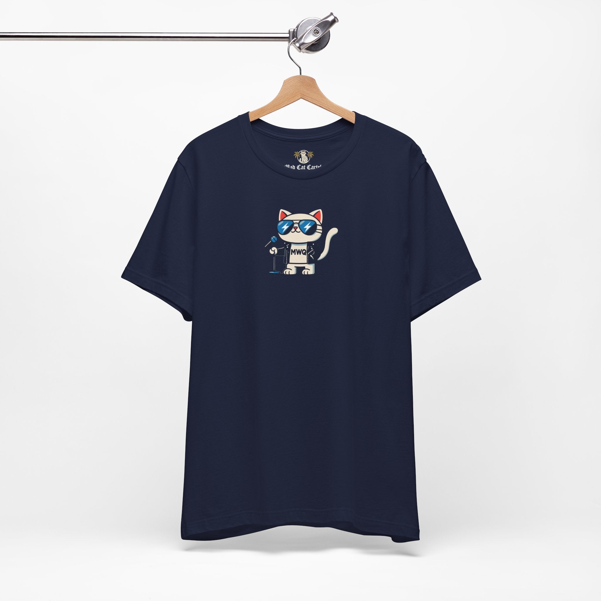 navy blue Alexander MewQueen t shirt on hanger, front angle, funny cotton cat graphic tee