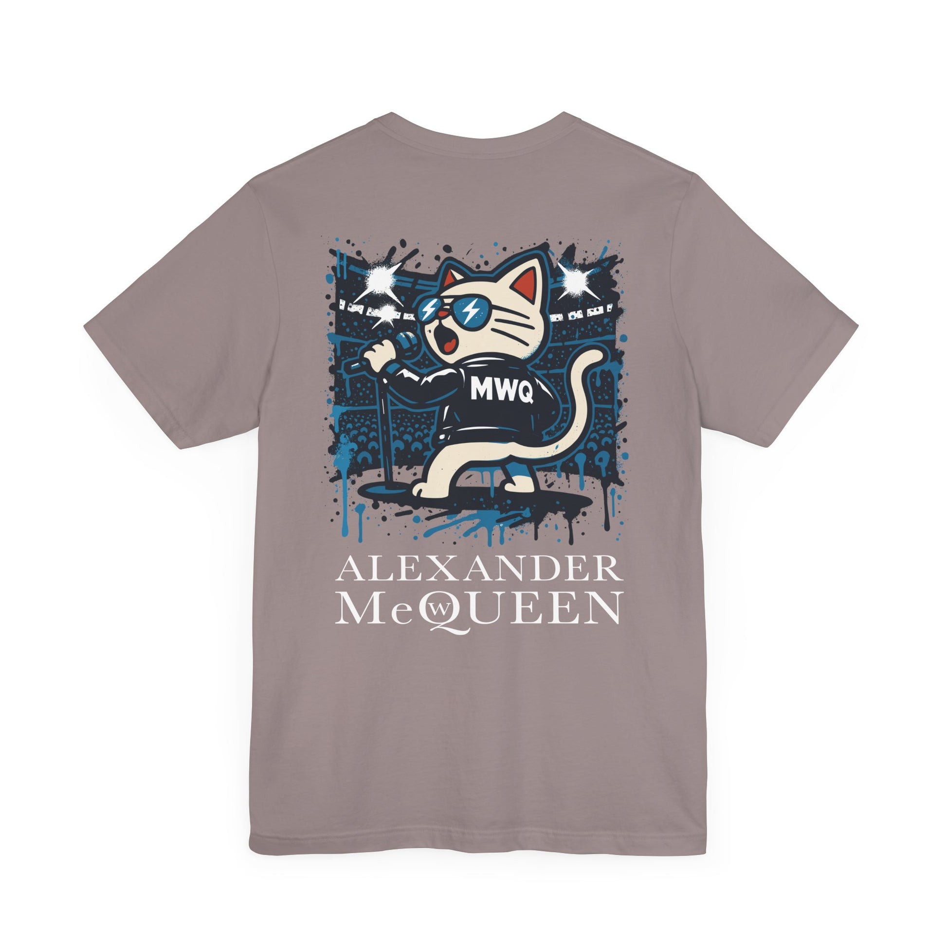 back view of pebble brown Alexander MewQueen t shirt, rockstar cat illustration, designer parody shirt for cat lovers