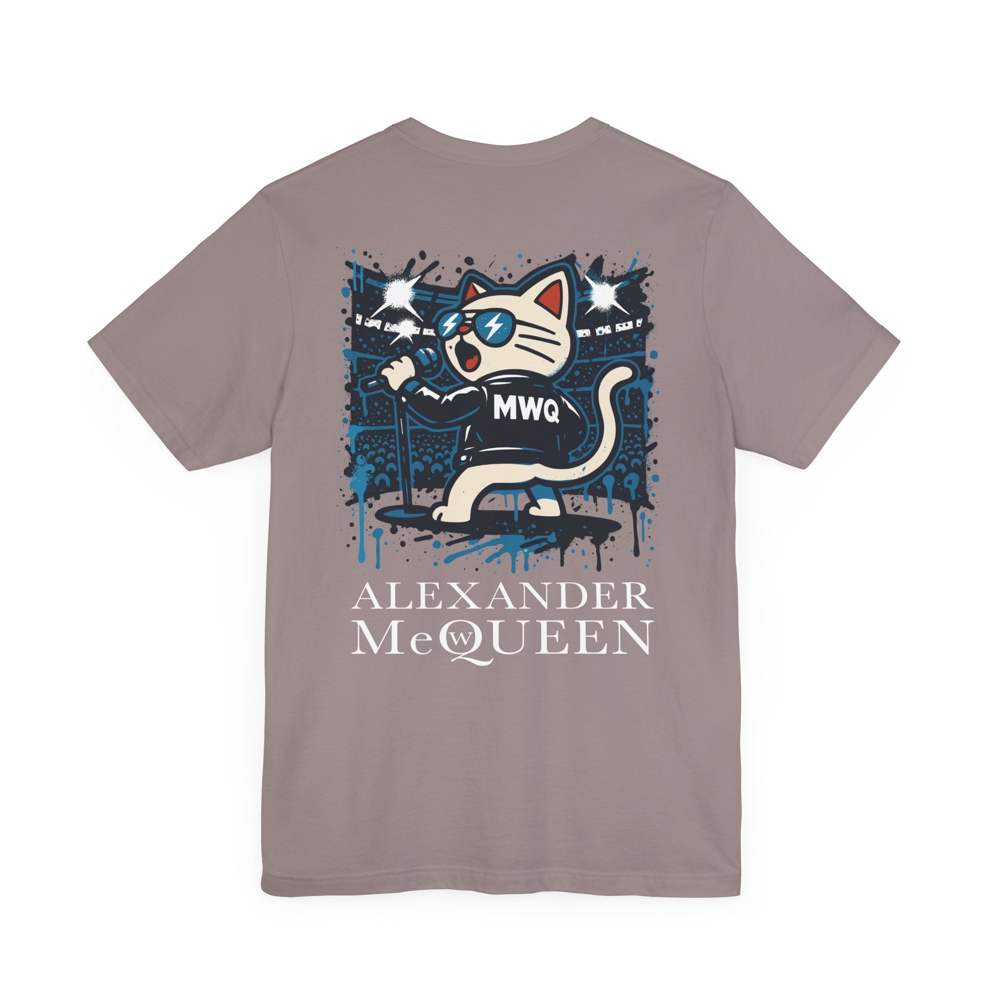 back view of pebble brown Alexander MewQueen t shirt, rockstar cat illustration, designer parody shirt for cat lovers