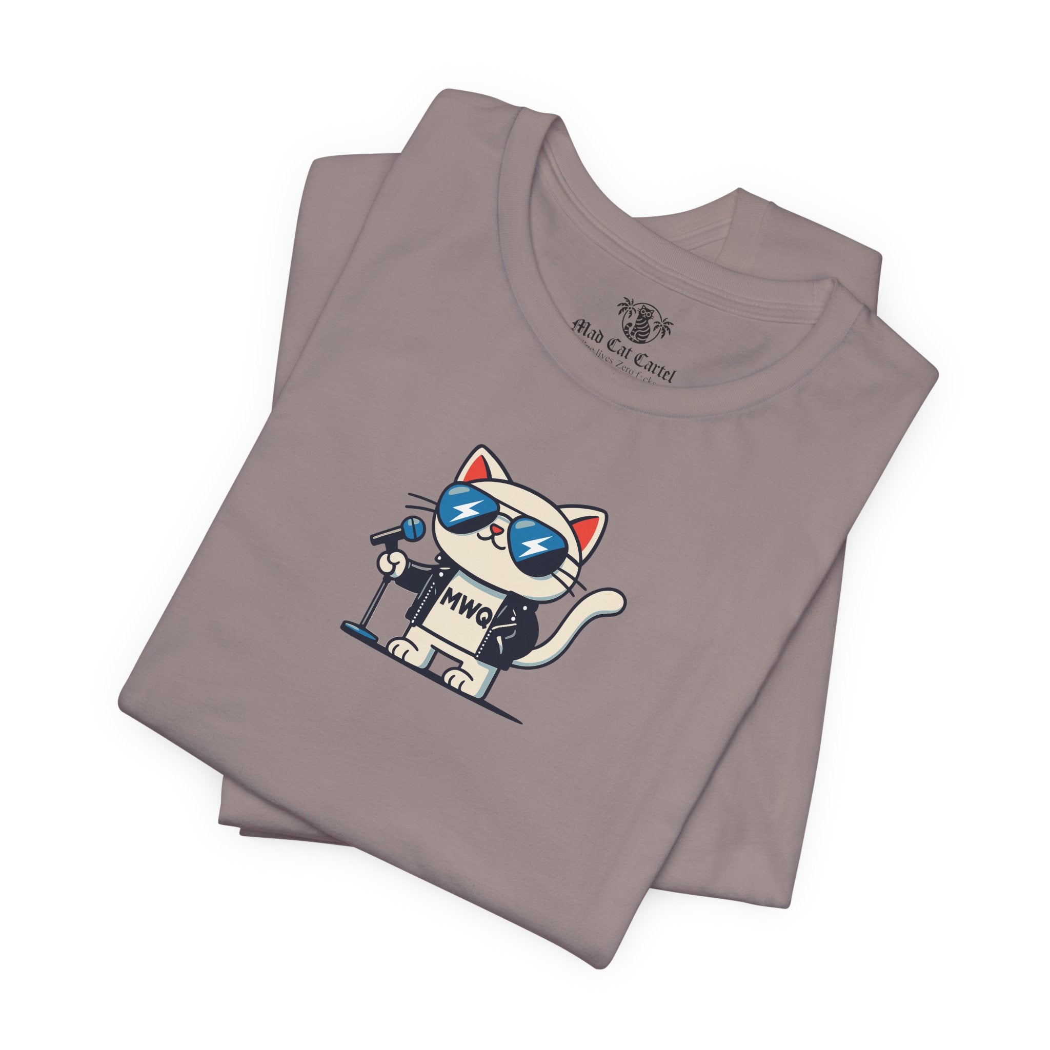 Alexander MewQueen Rockstar Cat Graphic Designer Parody Tee in pebble brown, folded