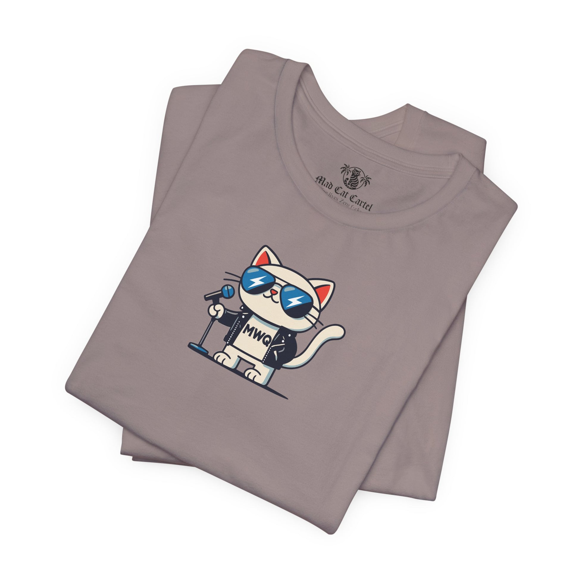 folded pebble brown Alexander MewQueen t shirts, close up of cat graphic, casual cotton tee