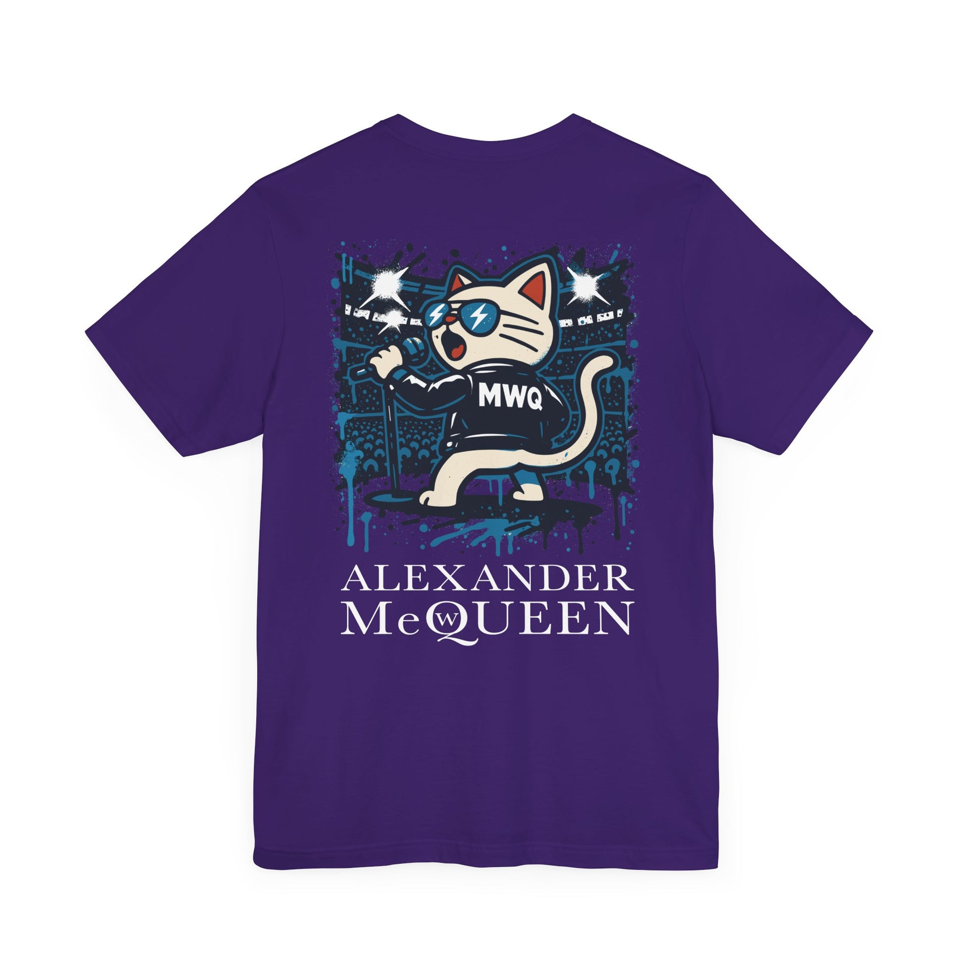 back of purple Alexander MewQueen t shirt, rockstar cat design, parody cotton tee for cat lovers