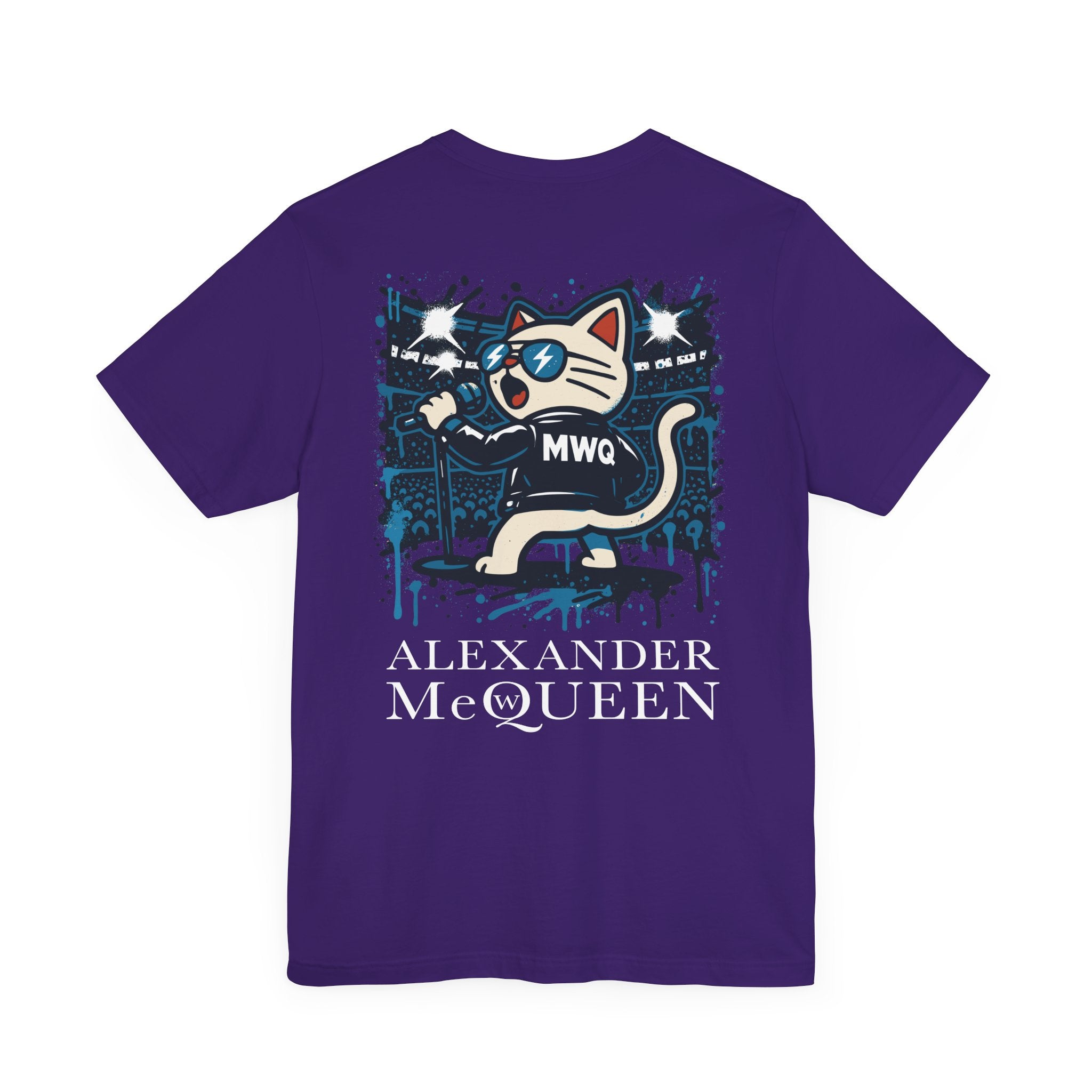 back of purple Alexander MewQueen t shirt, rockstar cat design, parody cotton tee for cat lovers