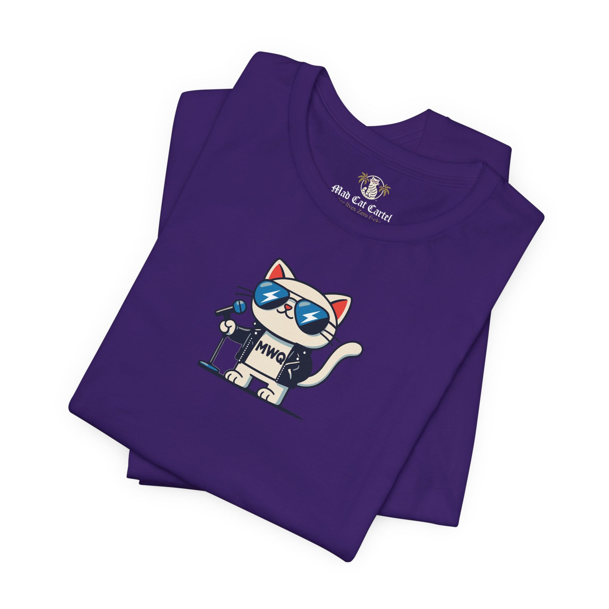 folded purple Alexander MewQueen t shirts, close up front print, cotton cat graphic tee