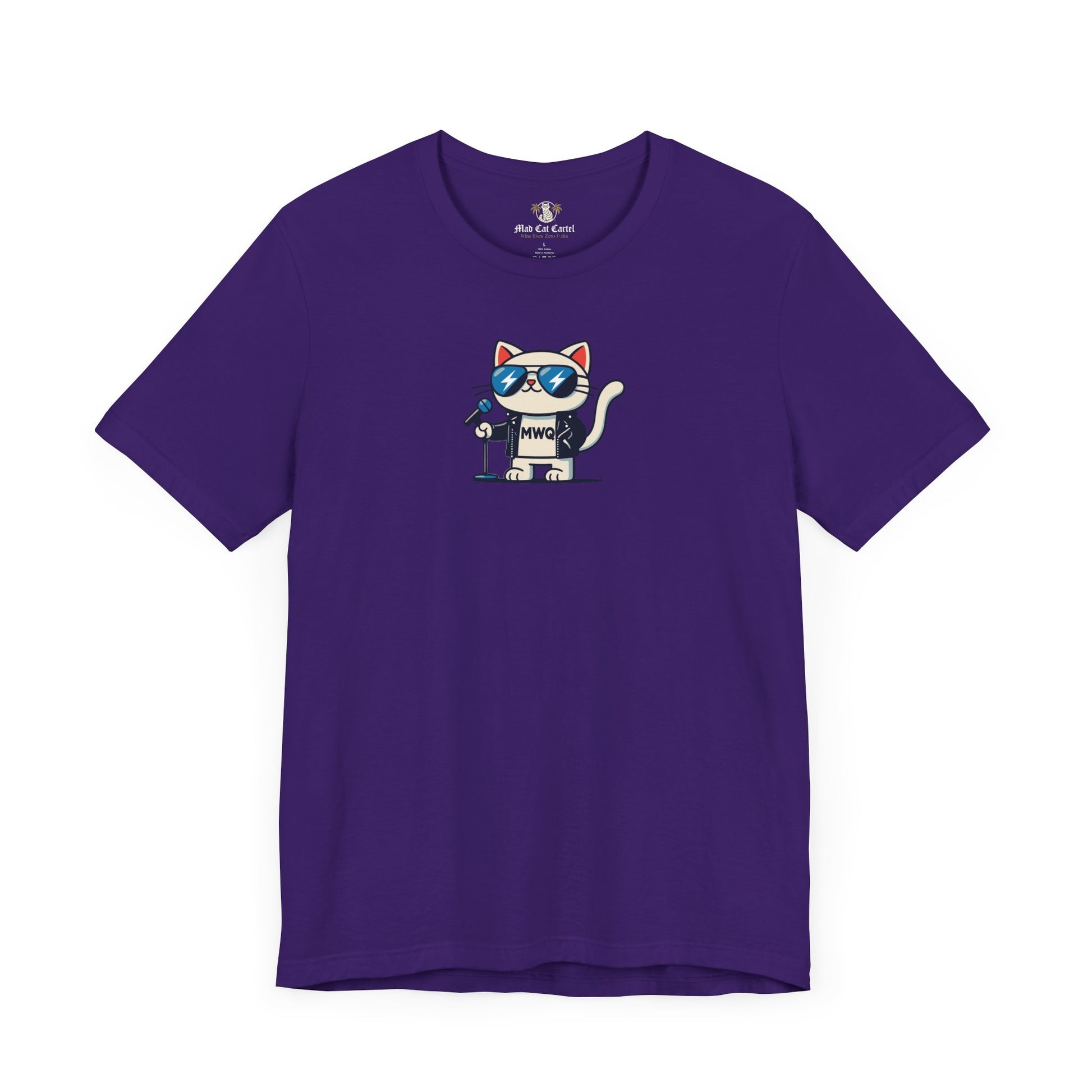 front view of purple Alexander MewQueen rockstar cat parody t shirt, parody tee for cat lovers