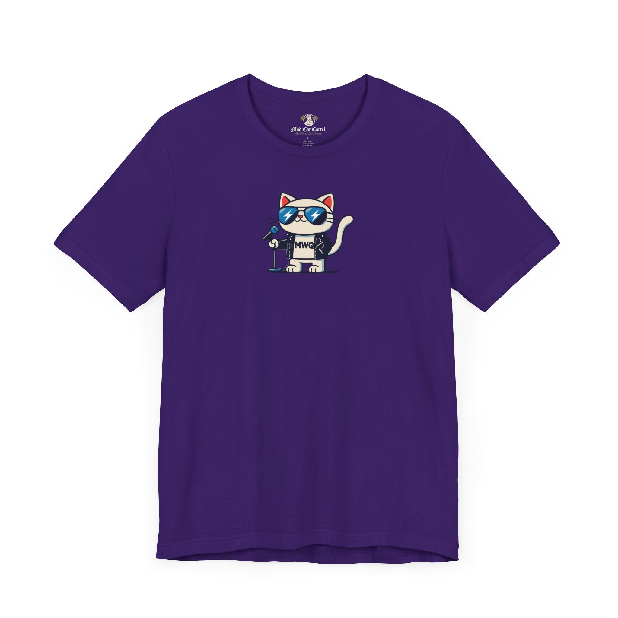front view of purple Alexander MewQueen rockstar cat parody t shirt, parody tee for cat lovers