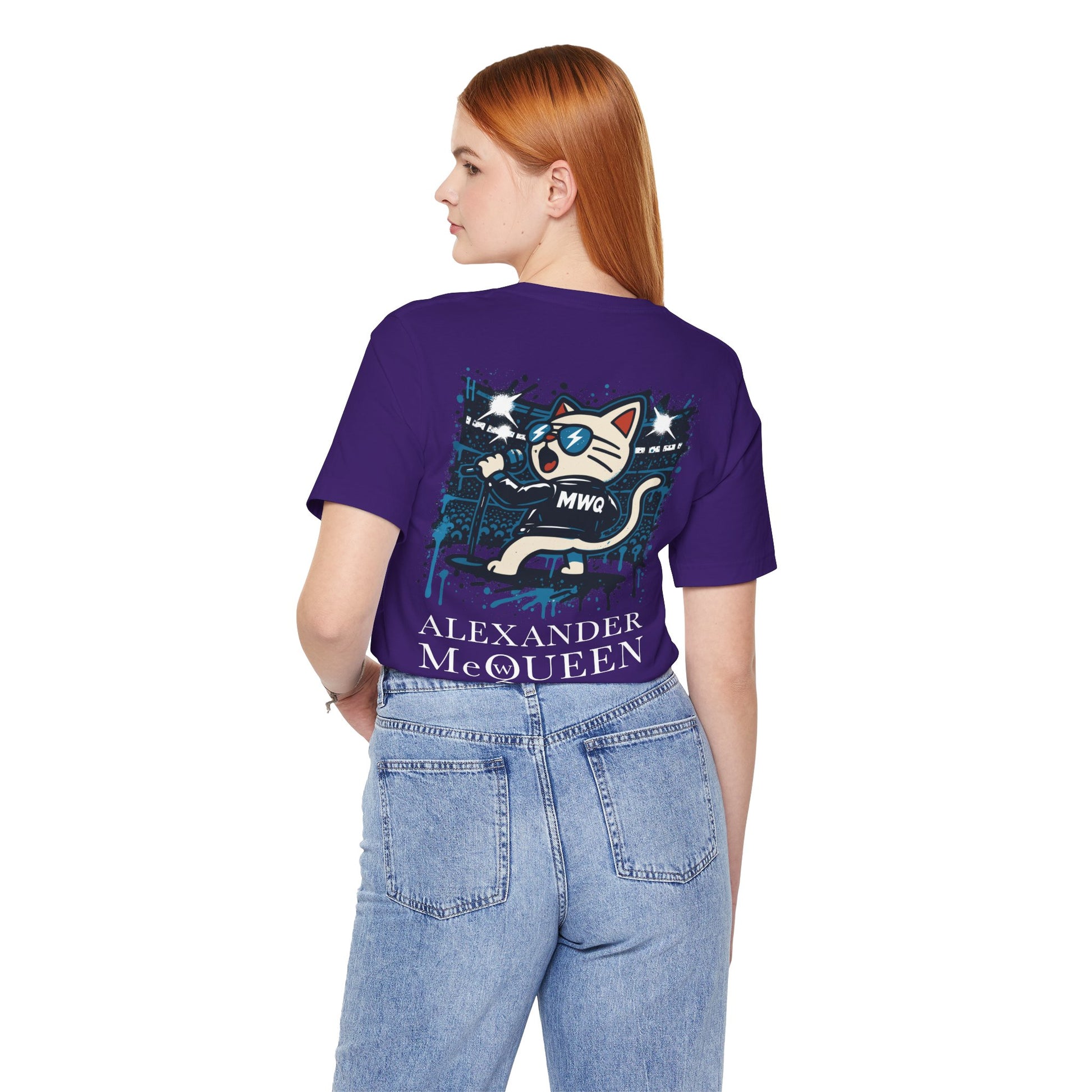 back view of team purple Alexander MewQueen t shirt on female model, rockstar cat print, designer parody cotton tee for cat lovers