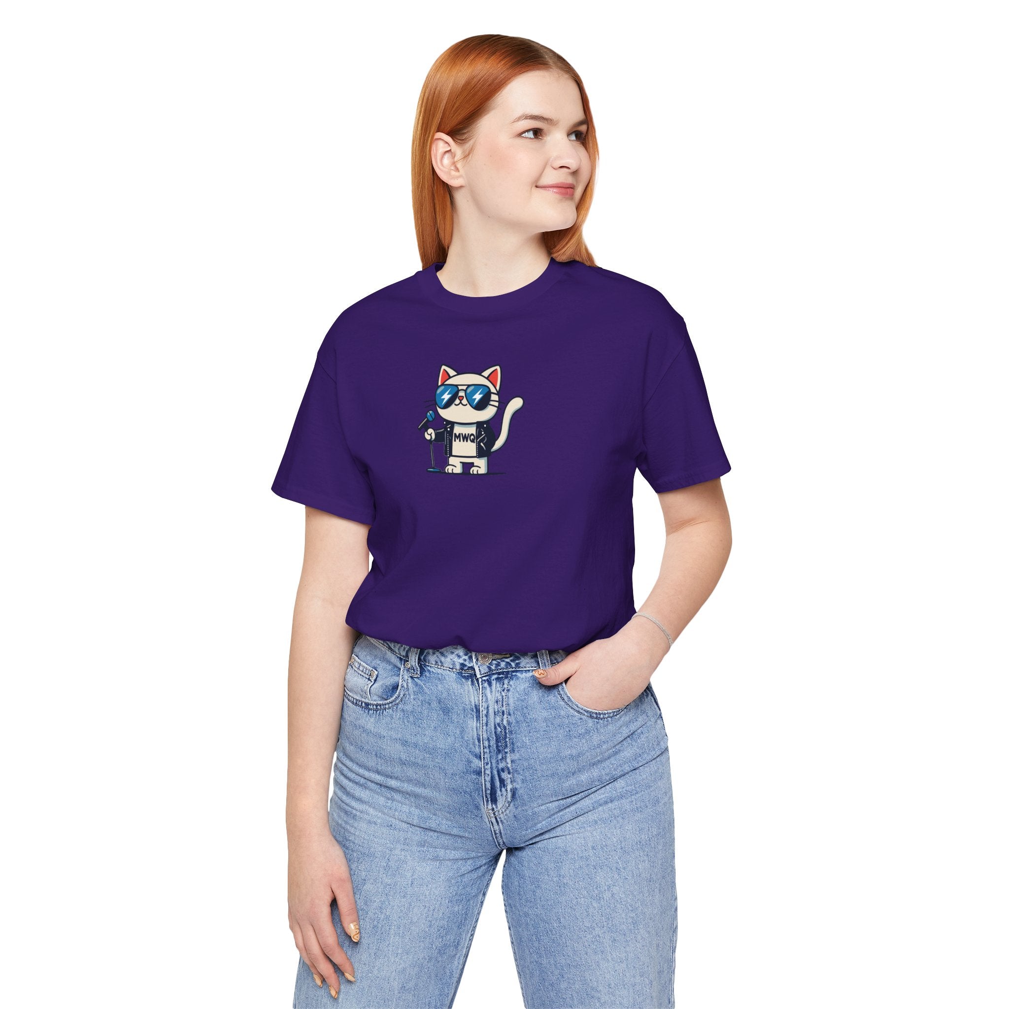 Alexander MewQueen Rockstar Cat Graphic Designer Parody Tee in team purple, worn by a female model