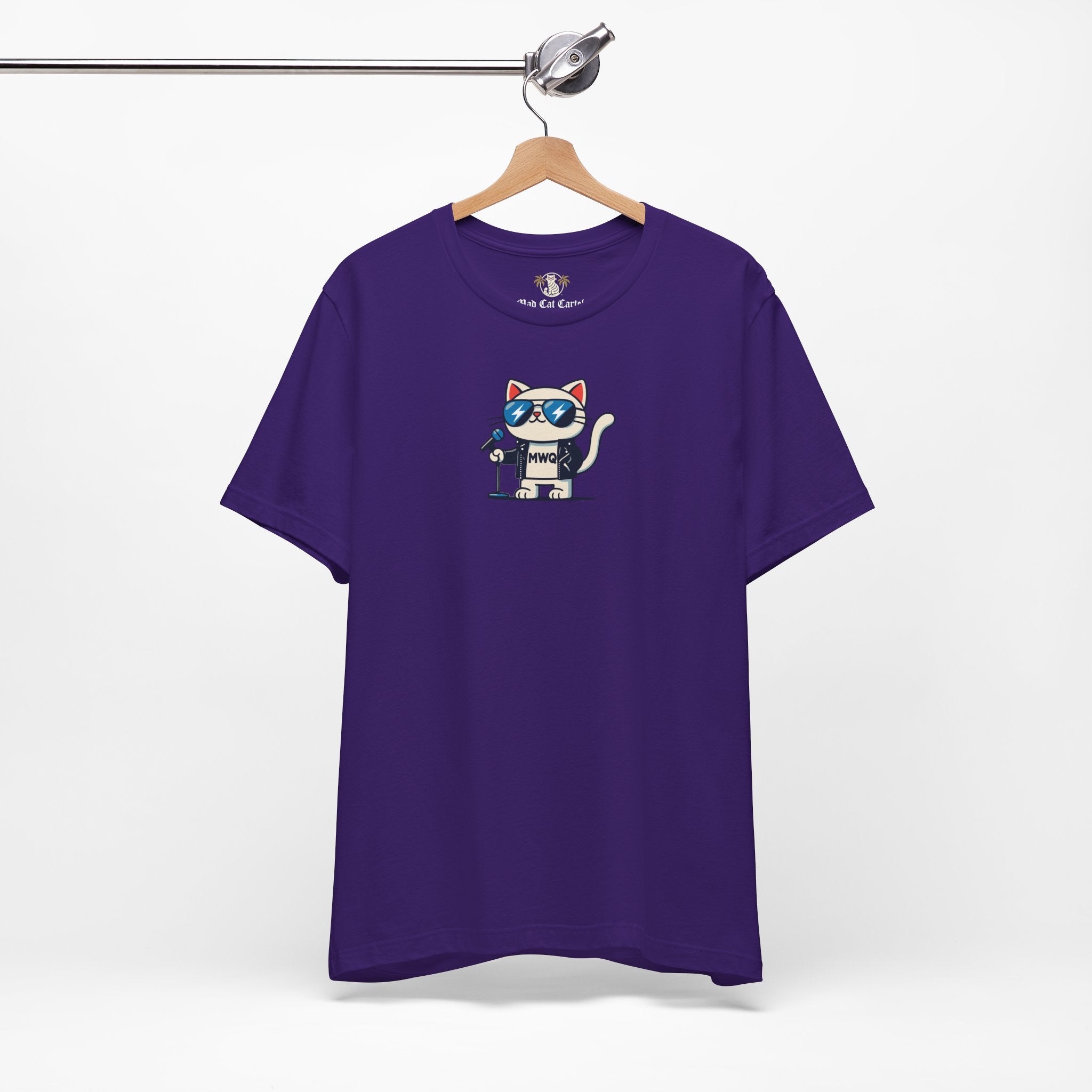 purple Alexander MewQueen t shirt on hanger, straight front angle, funny t shirt for women
