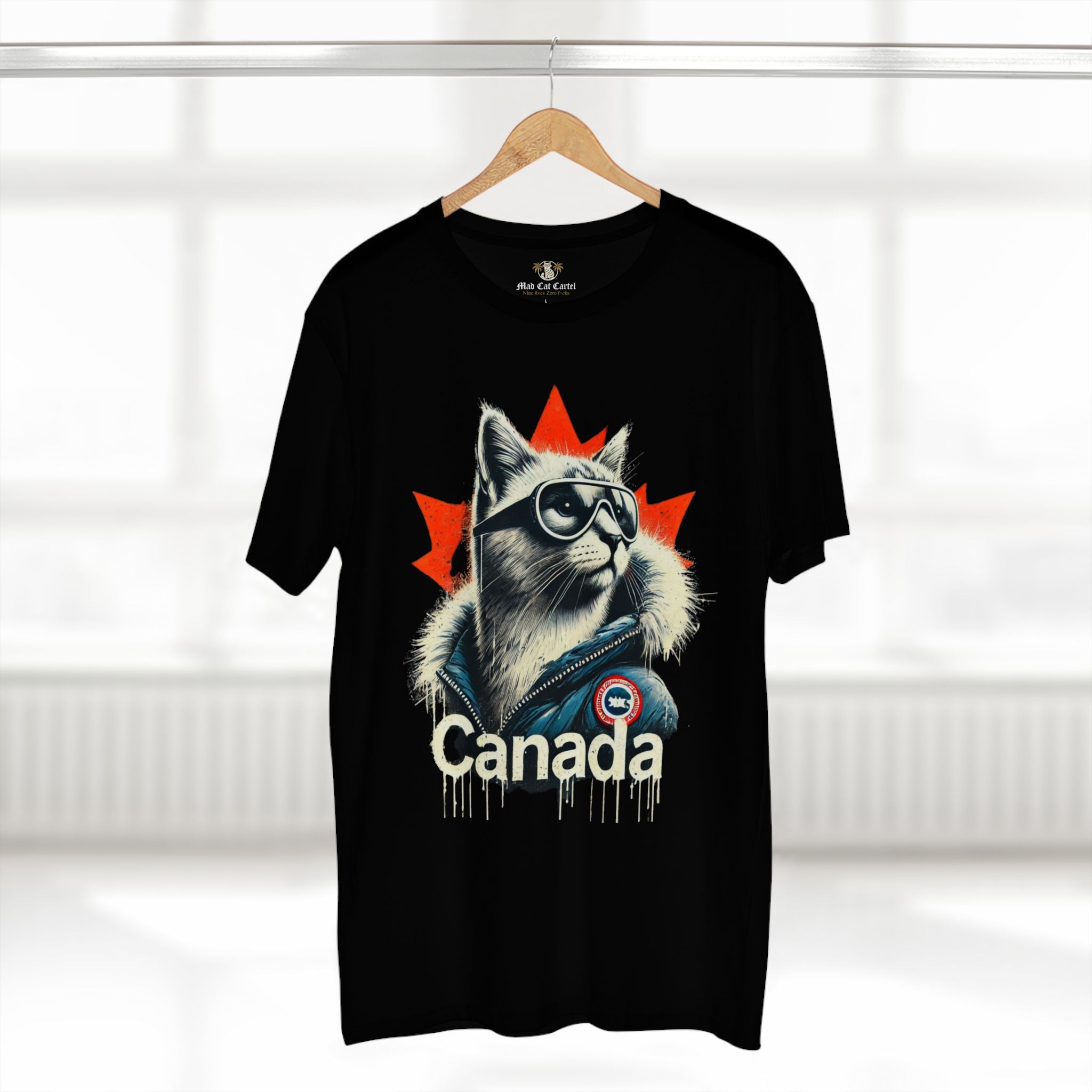Canada Cat arctic drip black t shirt on hanger, front angle, cotton cat graphic tee