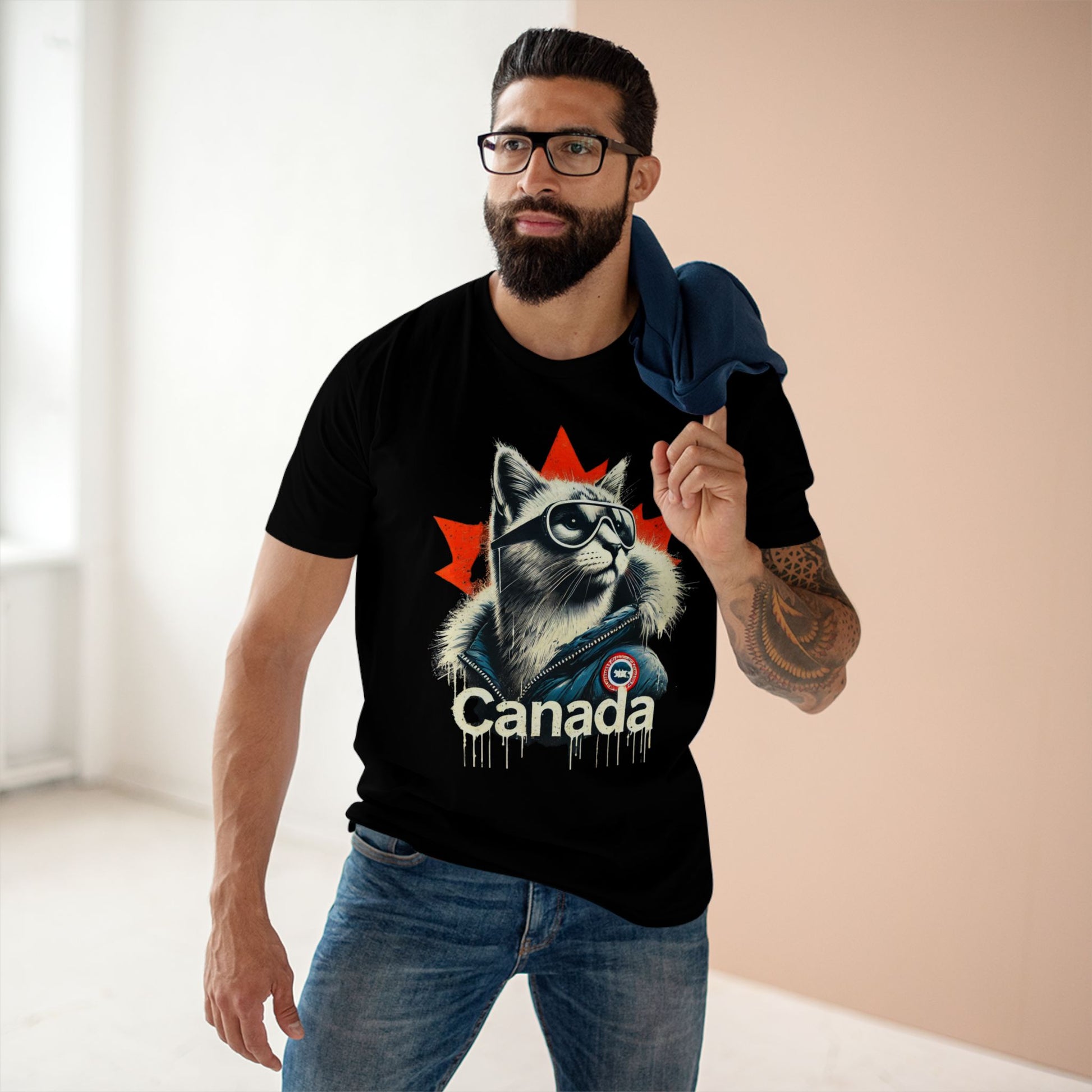 male model wearing Canada Cat arctic drip t shirt, funny black tee for cat lovers