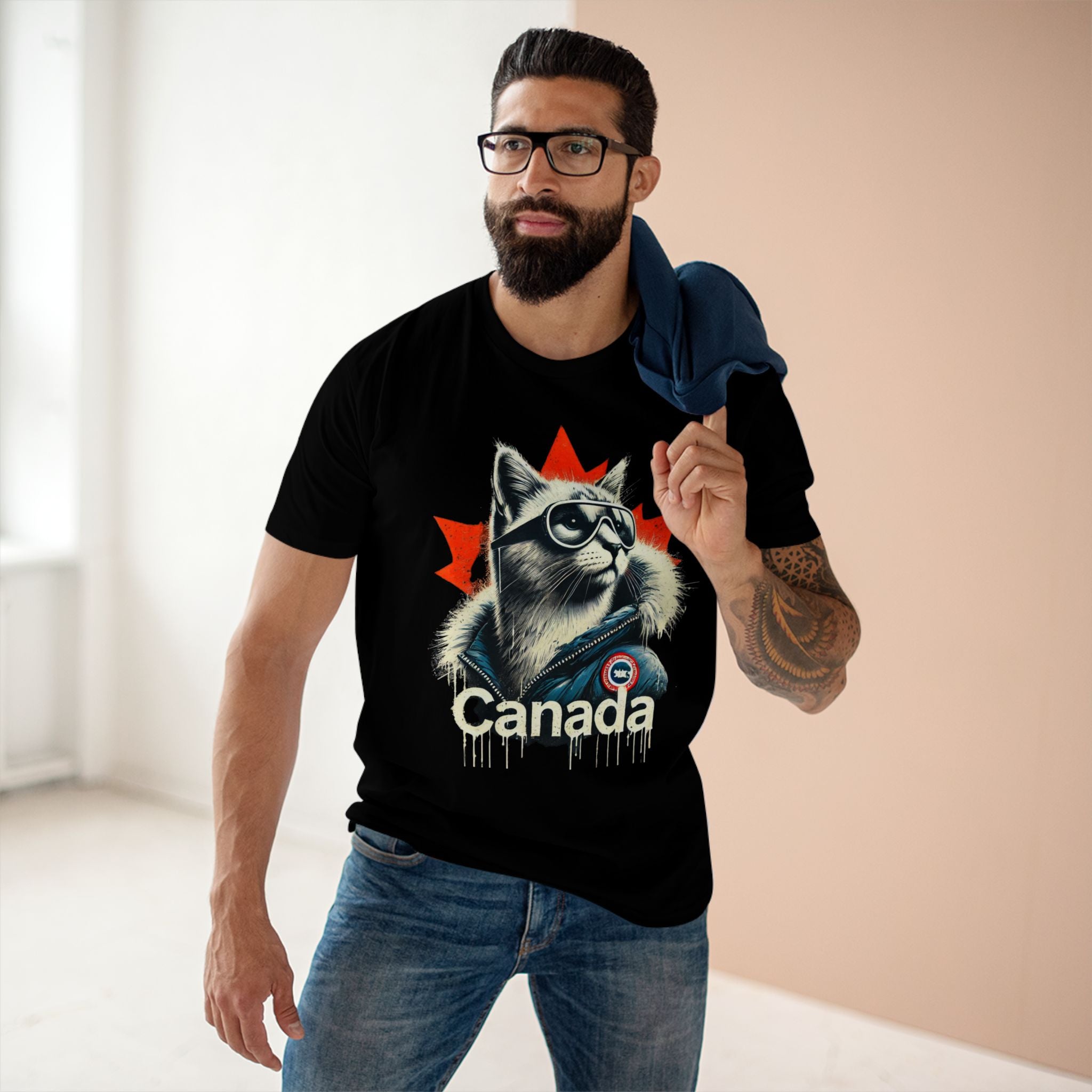 male model wearing Canada Cat arctic drip t shirt, funny black tee for cat lovers