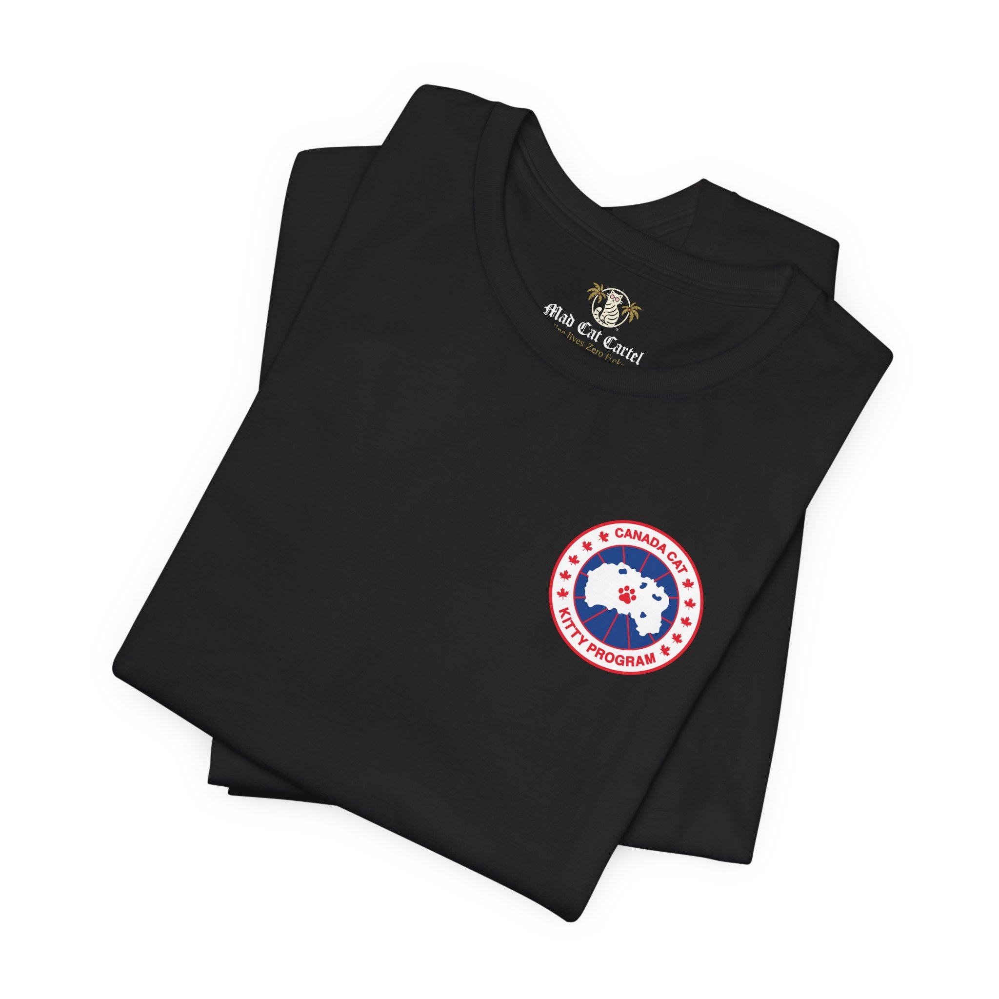 folded black Canada Cat t shirts, close up logo design, cotton cat themed tee