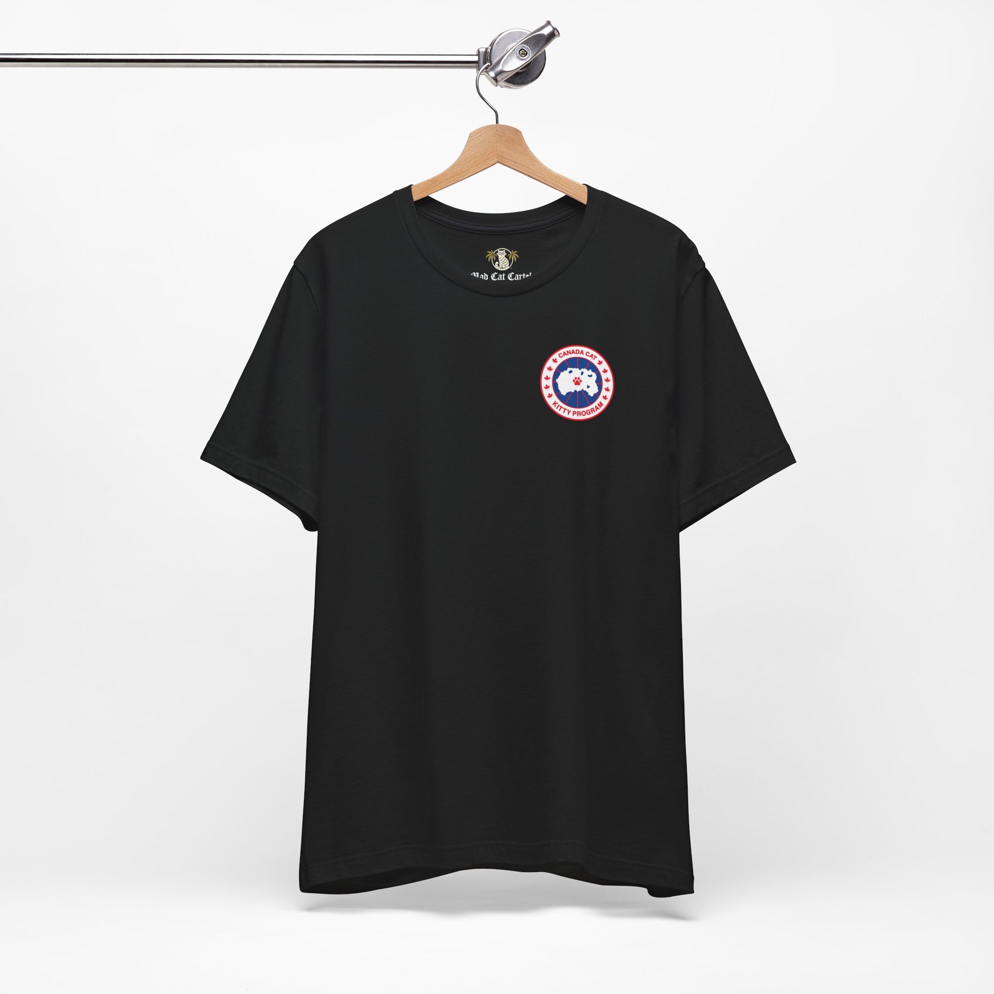 black Canada Cat t shirt on hanger, front view, unisex parody cotton tee