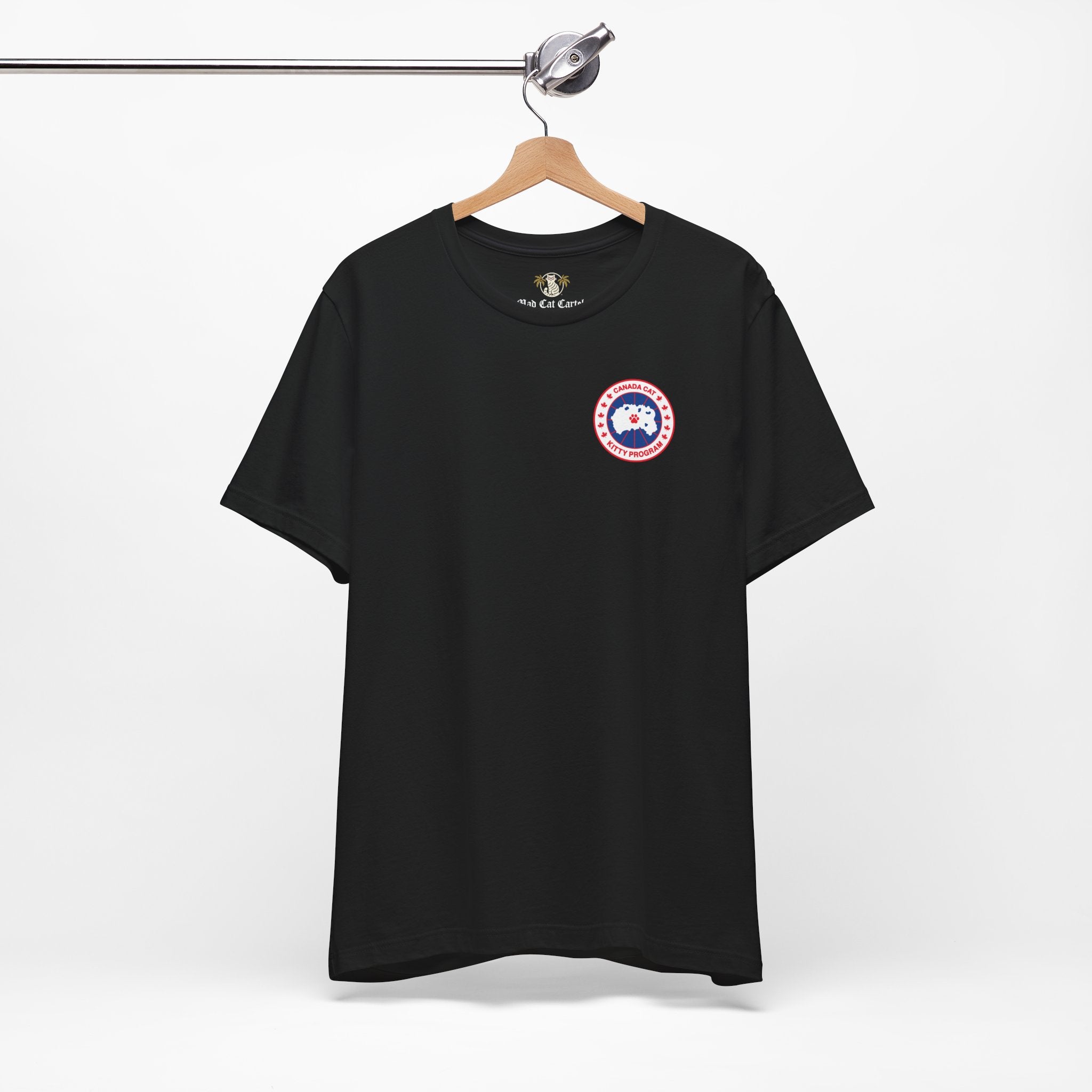 black Canada Cat t shirt on hanger, front view, unisex parody cotton tee