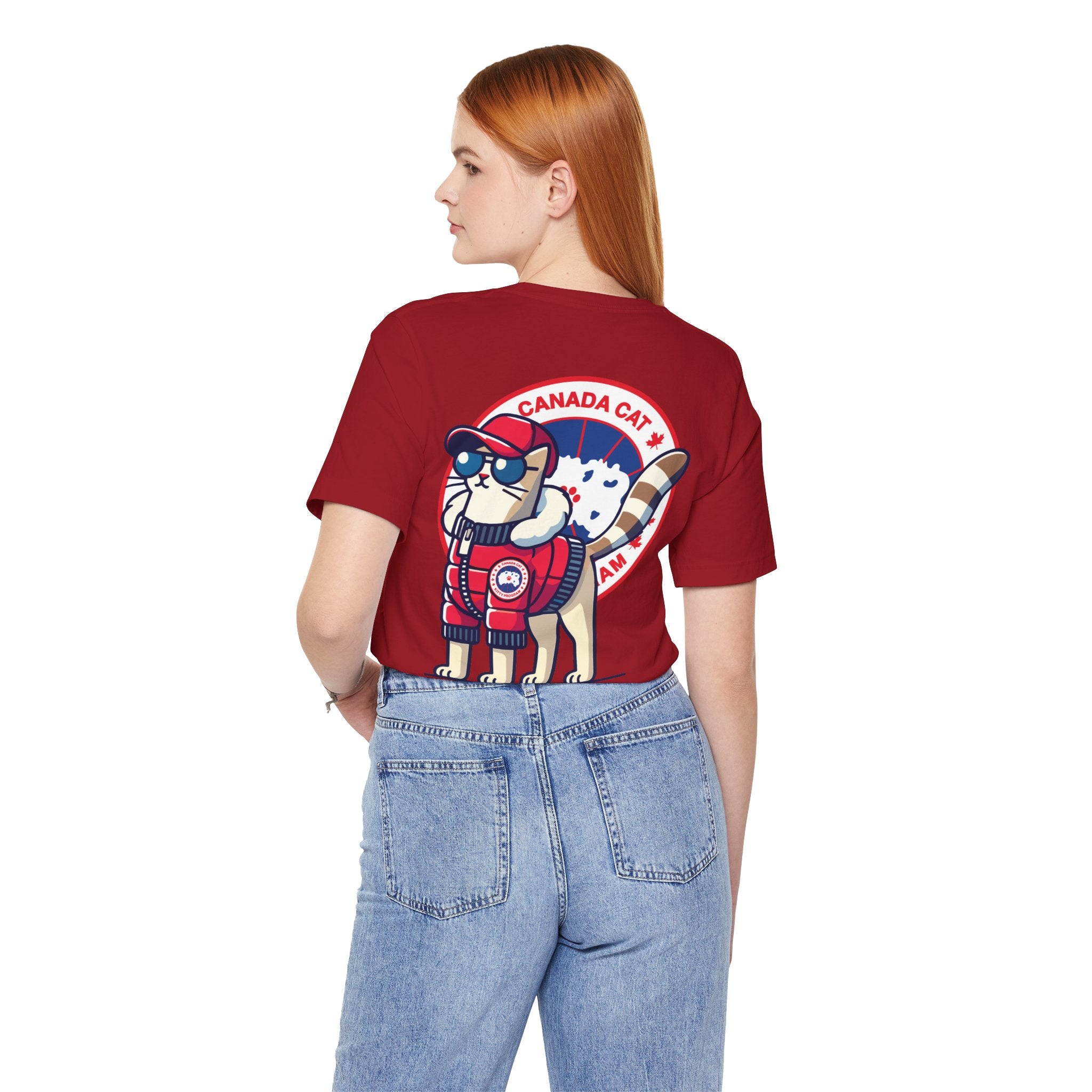 model wearing canvas red Canada Cat t shirt, back angle, funny cat tee for women