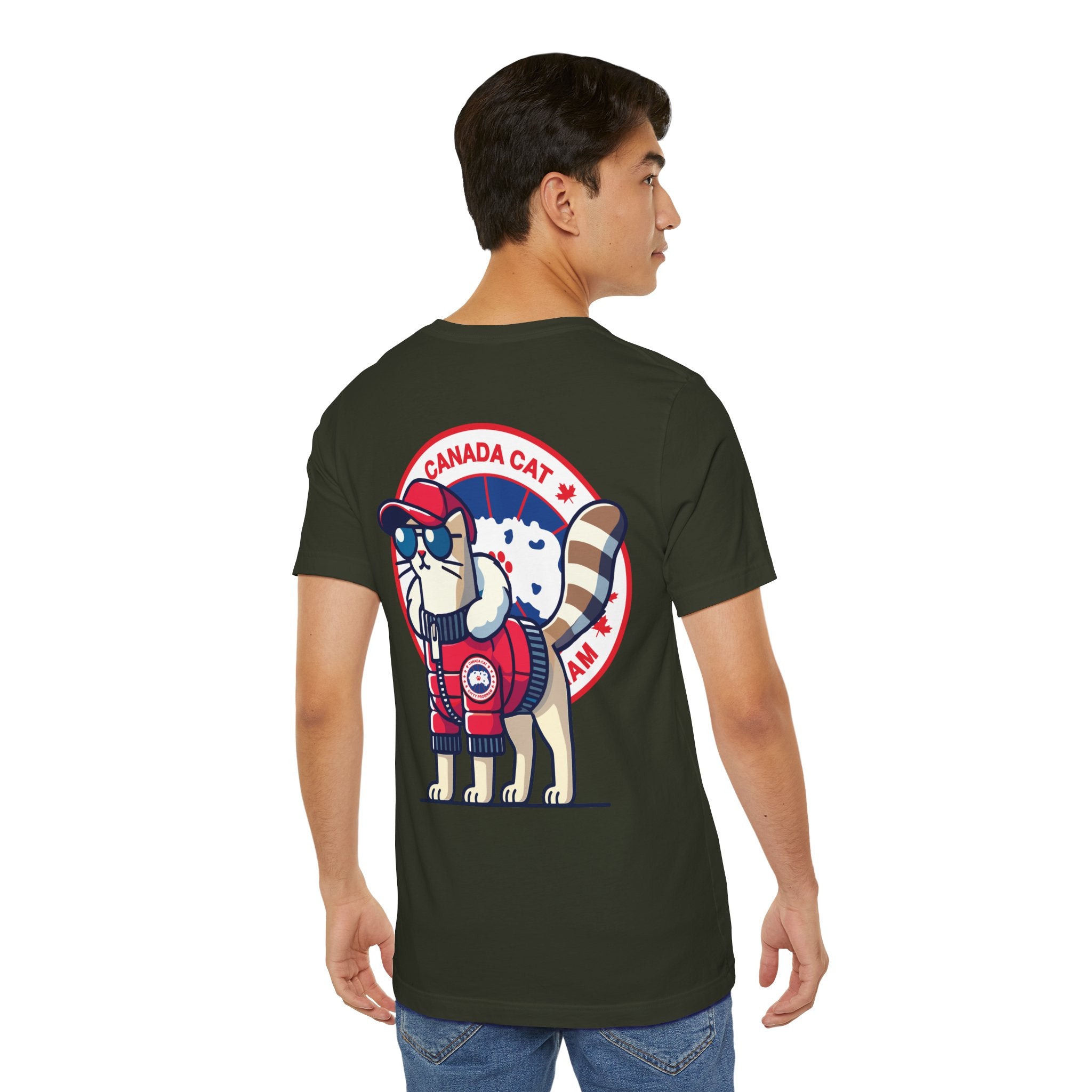 back view of dark olive Canada Cat t shirt on male model, polar explorer cat graphic, cotton parody tee