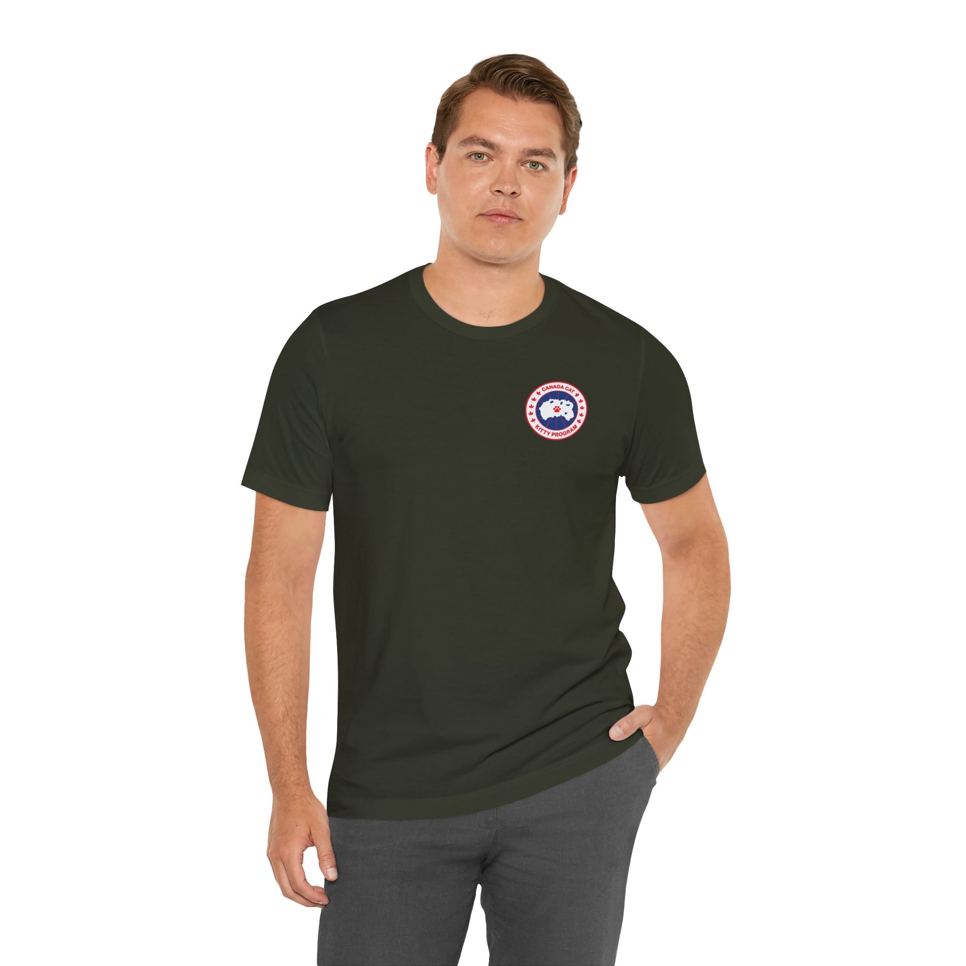 male model wearing dark olive Canada Cat t shirt, casual cotton tee for cat lovers