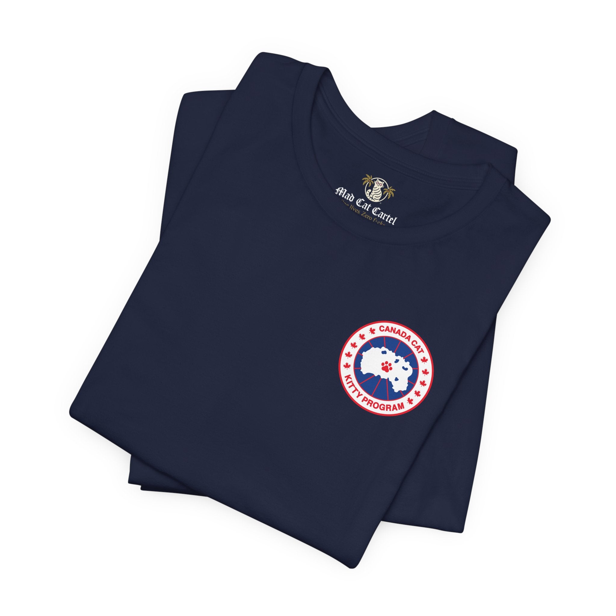 folded navy Canada Cat t shirts, close up of logo, cotton cat themed tee