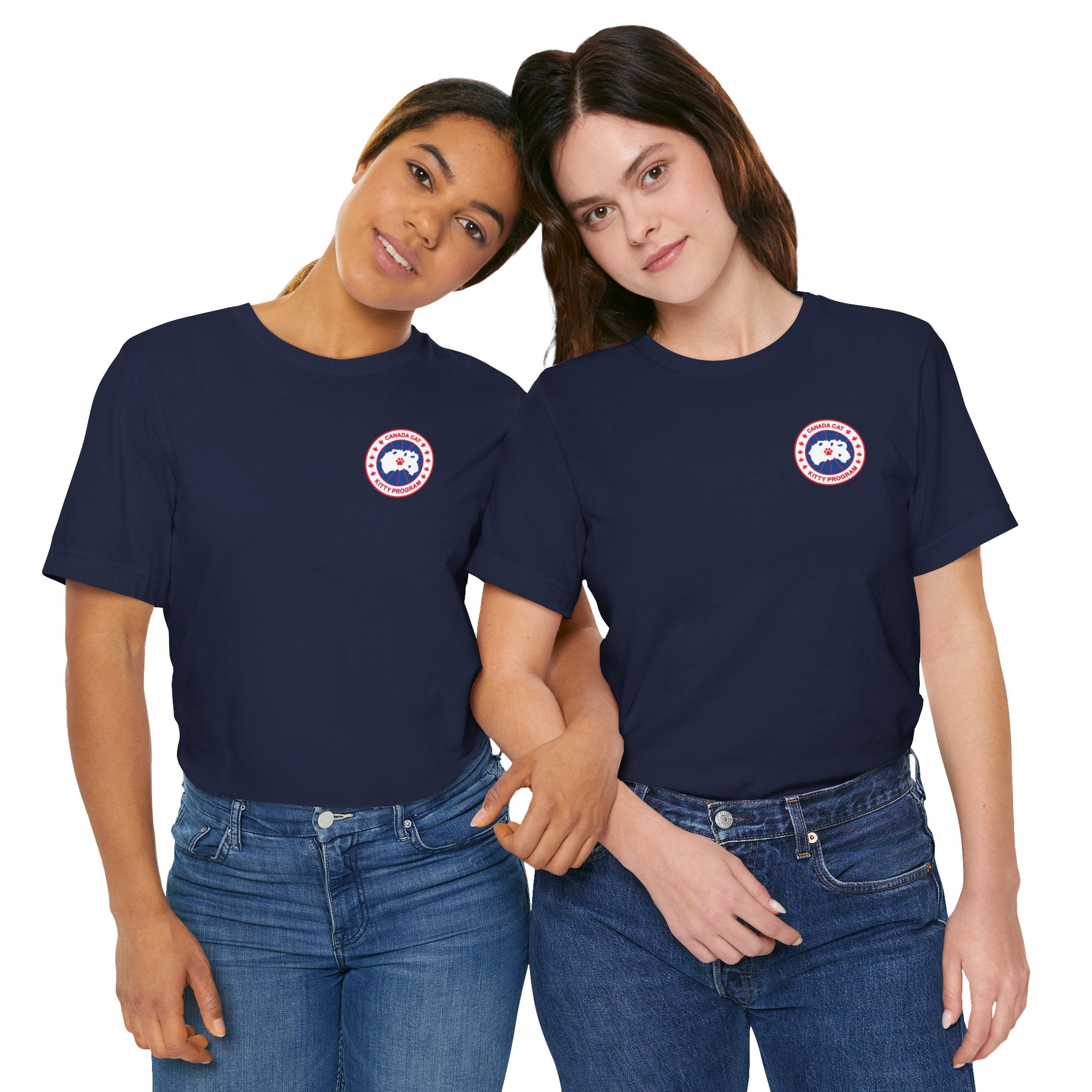 two women wearing navy Canada Cat t shirts, cat themed cotton tees for cat lovers