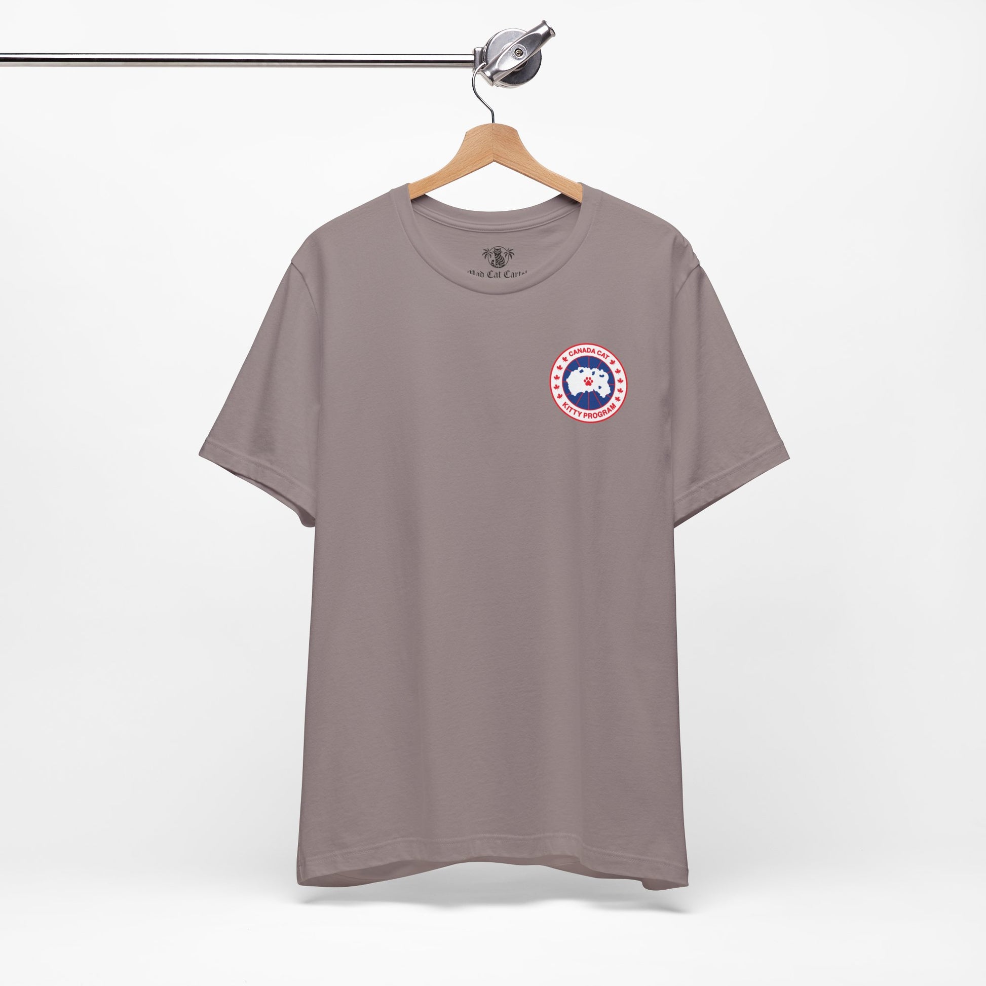 pebble brown Canada Cat t shirt on hanger, casual cotton parody tee for cat lovers