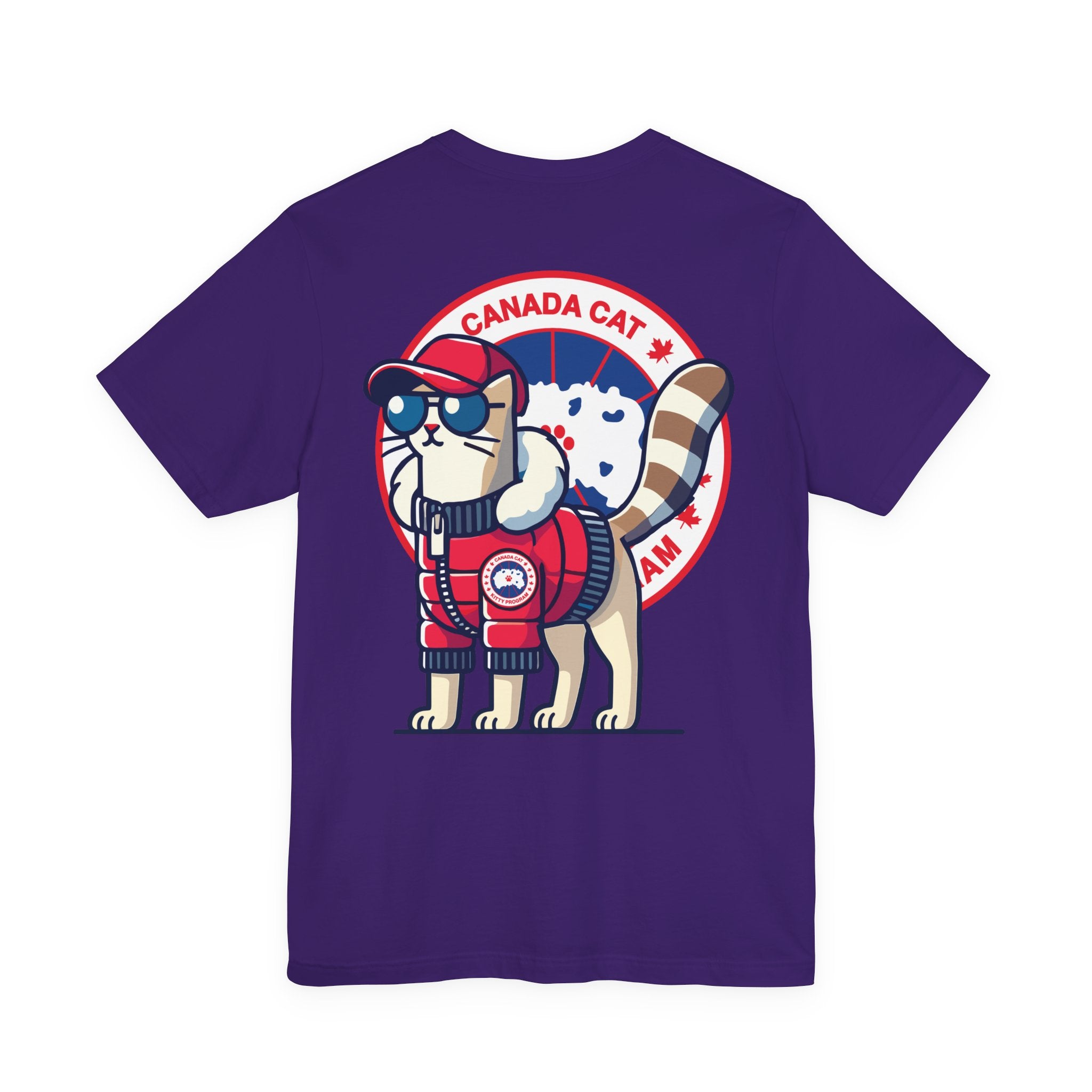 back view of team purple Canada Cat t shirt, polar explorer design, parody tee for cat lovers