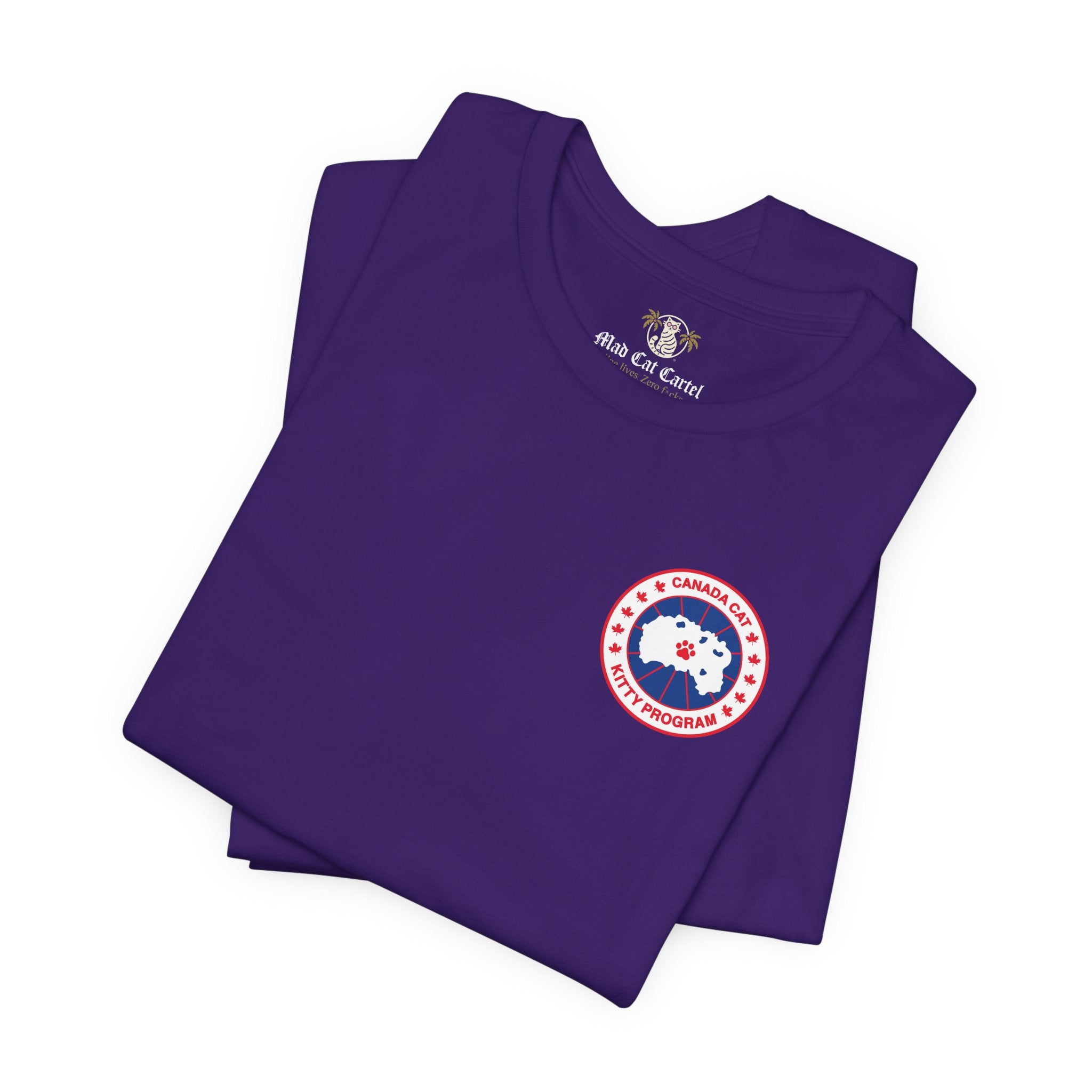 folded team purple Canada Cat t shirts, close up of polar explorer logo, cotton cat themed tee