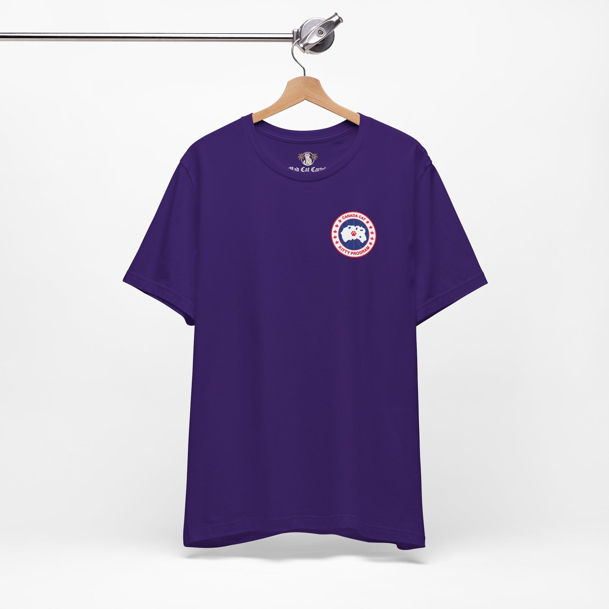 Canada Cat t shirt on hanger, team purple front angle, cotton cat lovers tee