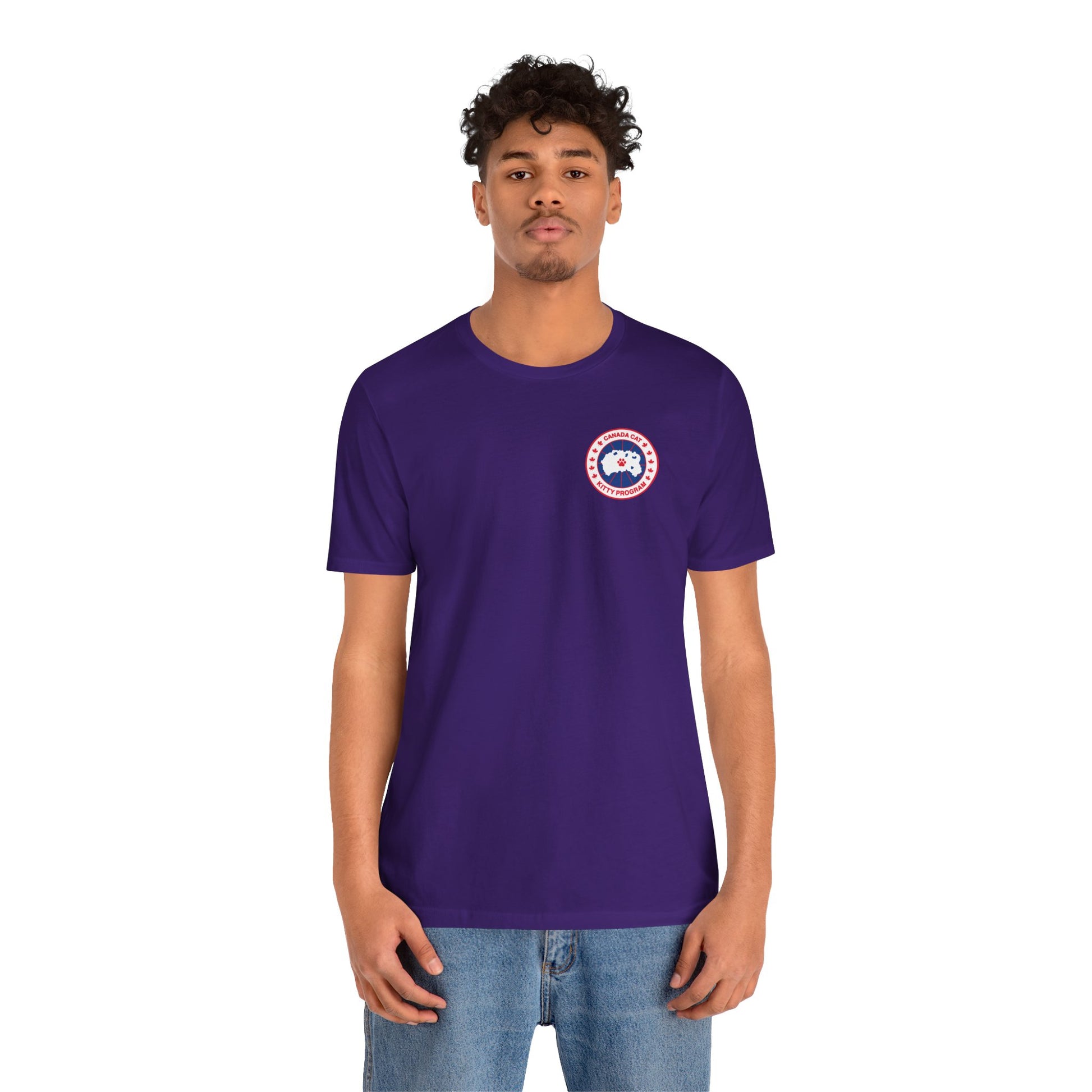 male model wearing team purple Canada Cat t shirt, funny t shirt for men, casual fit