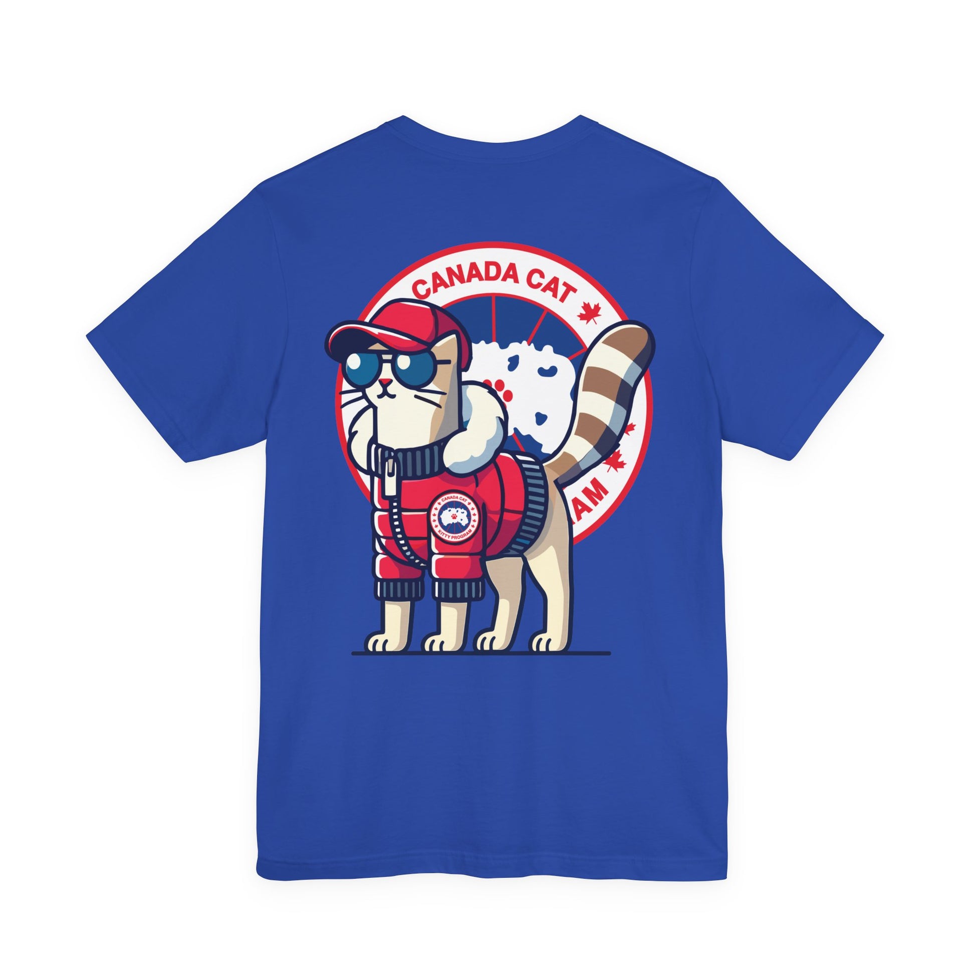 back view of true royal blue Canada Cat t shirt, polar explorer cat graphic, cotton parody tee