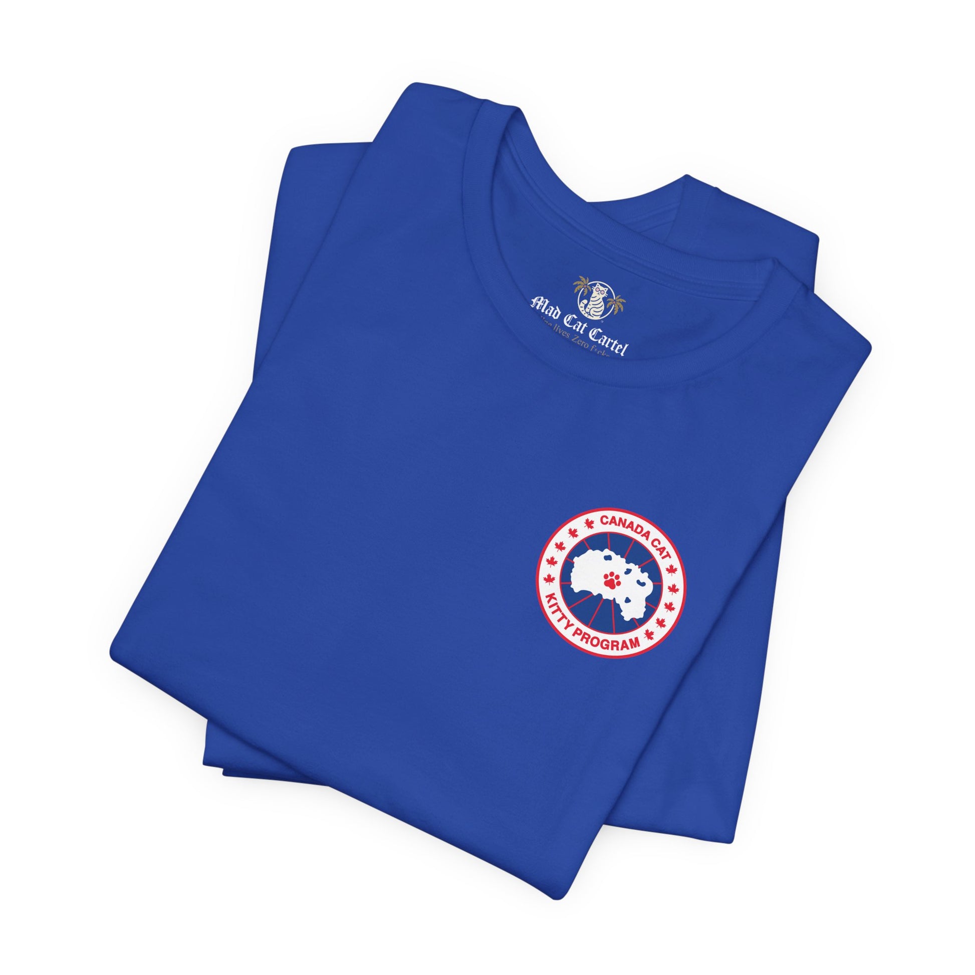 folded royal blue Canada Cat t shirts, close up design, cotton cat lovers tee