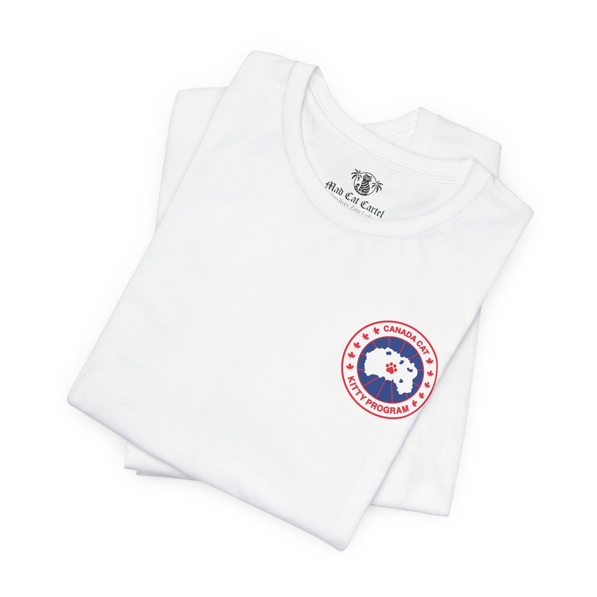 folded white Canada Cat t shirts, close up logo, cotton cat lover graphic tee