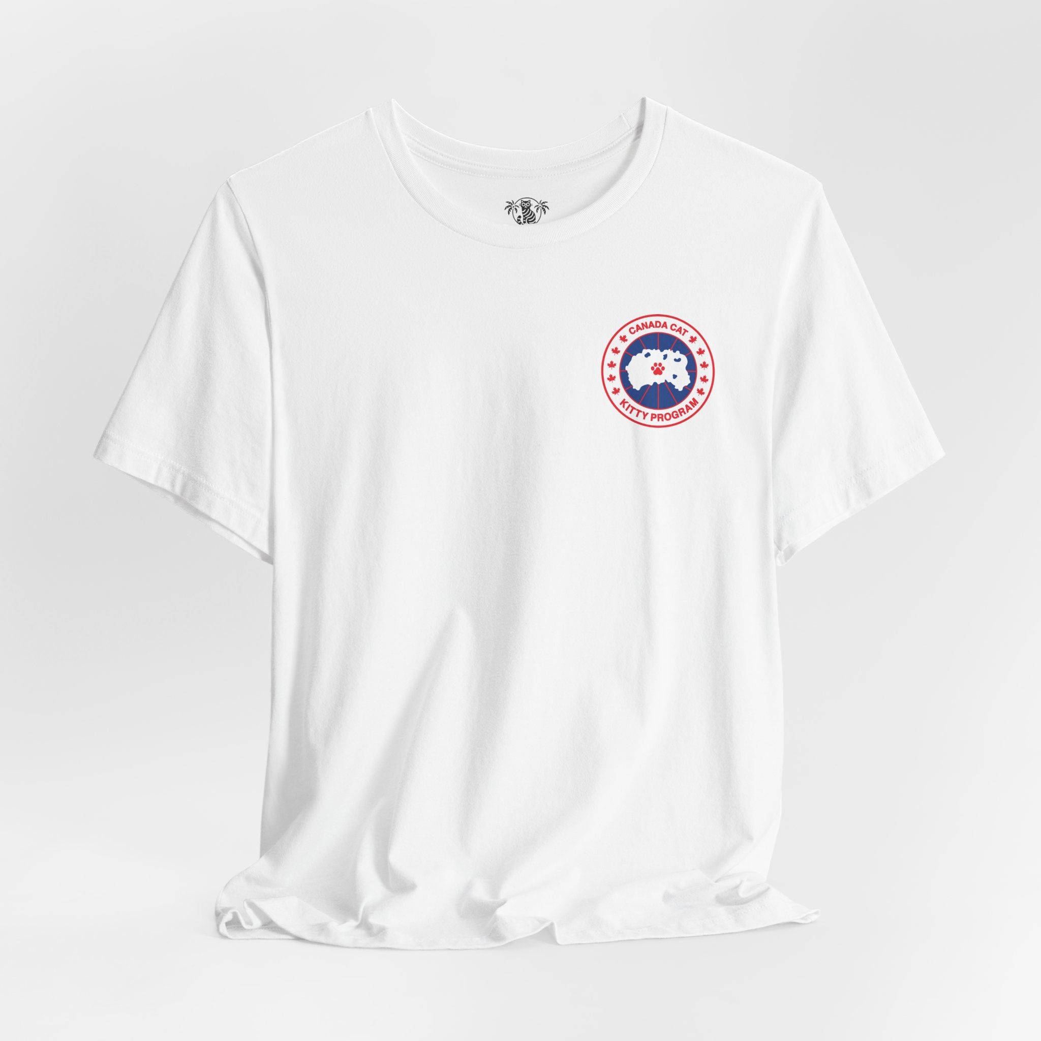 white Canada Cat t shirt, front angle, funny cat t shirt for men, studio photo